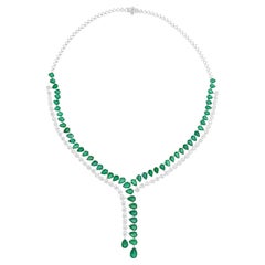 34.38 TCW Pear Zambian Emerald H/SI Round Diamond Necklace 14 Karat White Gold