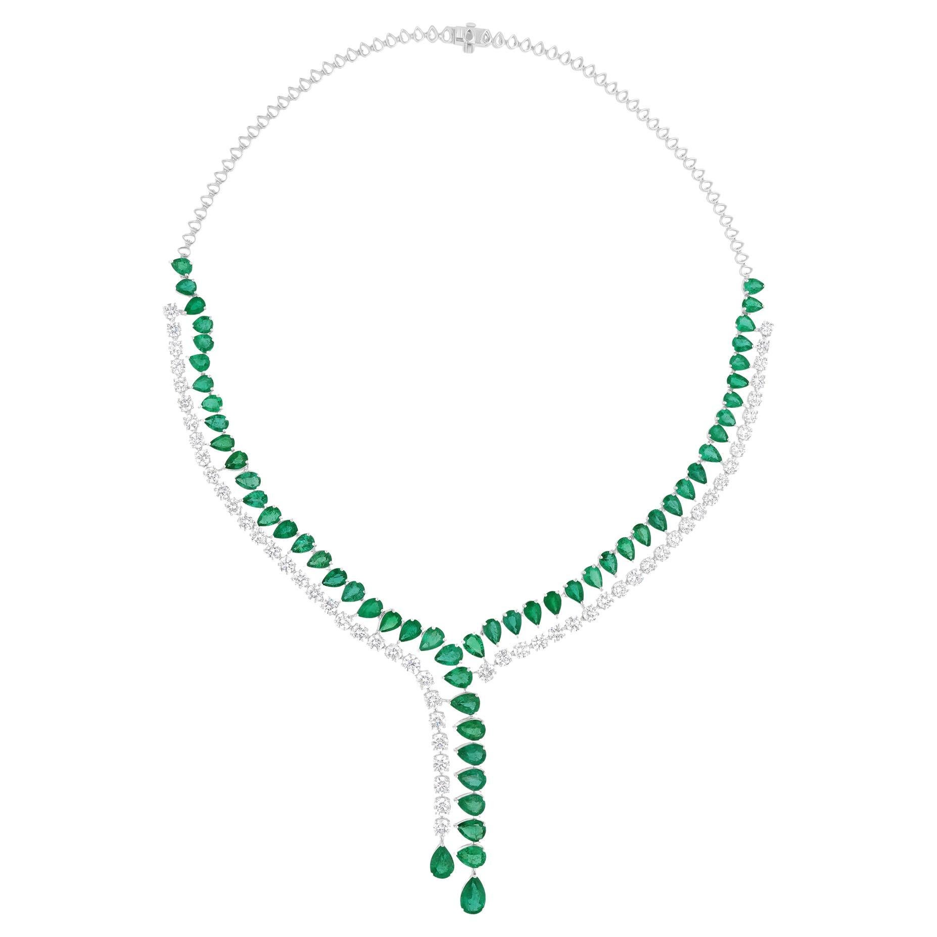 34.38 TCW Pear Zambian Emerald H/SI Round Diamond Necklace 18 Karat White Gold