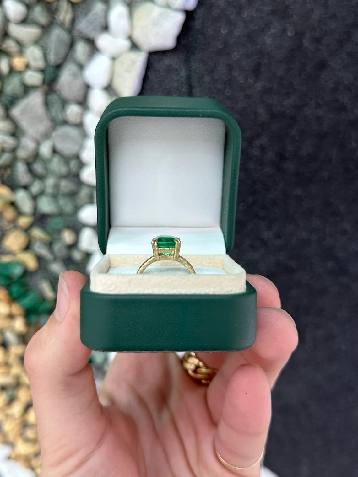 3.43ct 14K Vivid Dark Green Emerald Cut Emerald Solitaire Split Shank Gold Ring In New Condition For Sale In Jupiter, FL