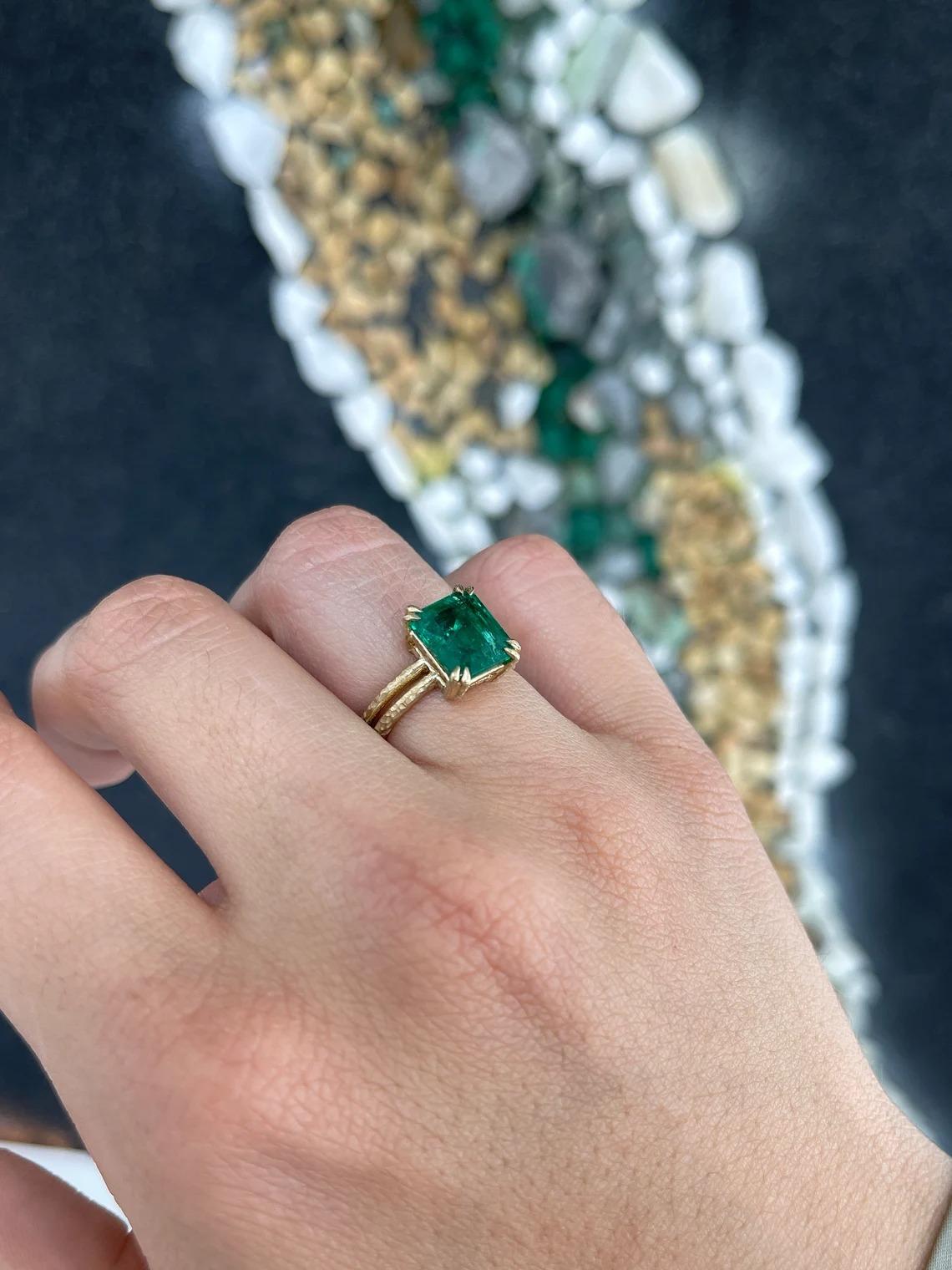 3.43ct 14K Vivid Dark Green Emerald Cut Emerald Solitaire Split Shank Gold Ring For Sale 1