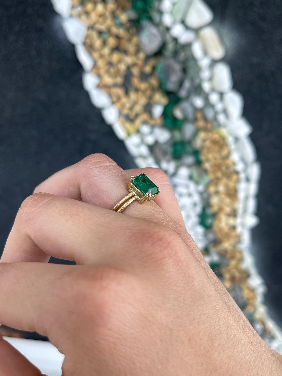 3.43ct 14K Vivid Dark Green Emerald Cut Emerald Solitaire Split Shank Gold Ring For Sale 2