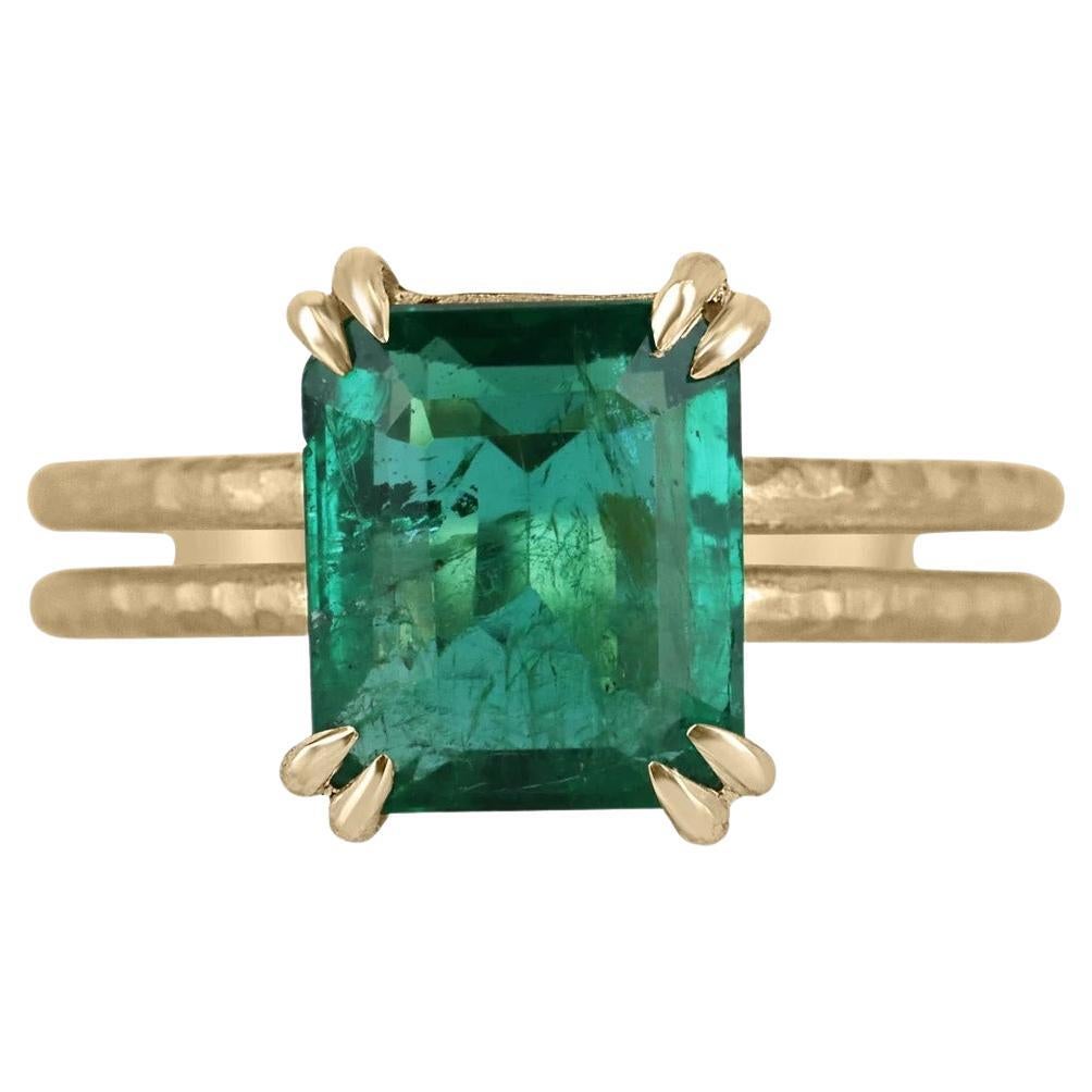 3.43ct 14K Vivid Dark Green Emerald Cut Emerald Solitaire Split Shank Gold Ring For Sale