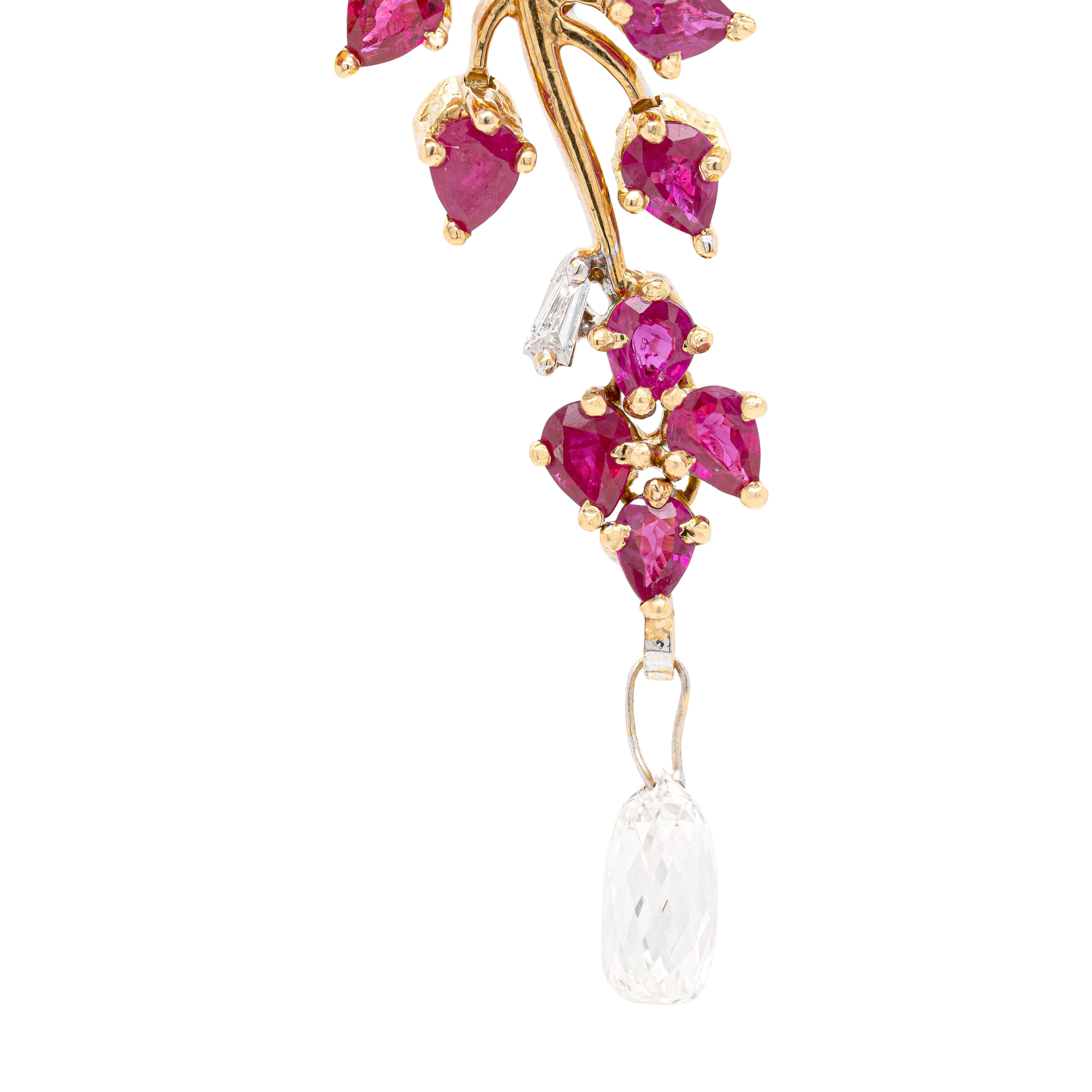 Modern 3.43ct Diamond and Ruby 18 Carat White & Yellow Gold Cascade Floral Pendant For Sale