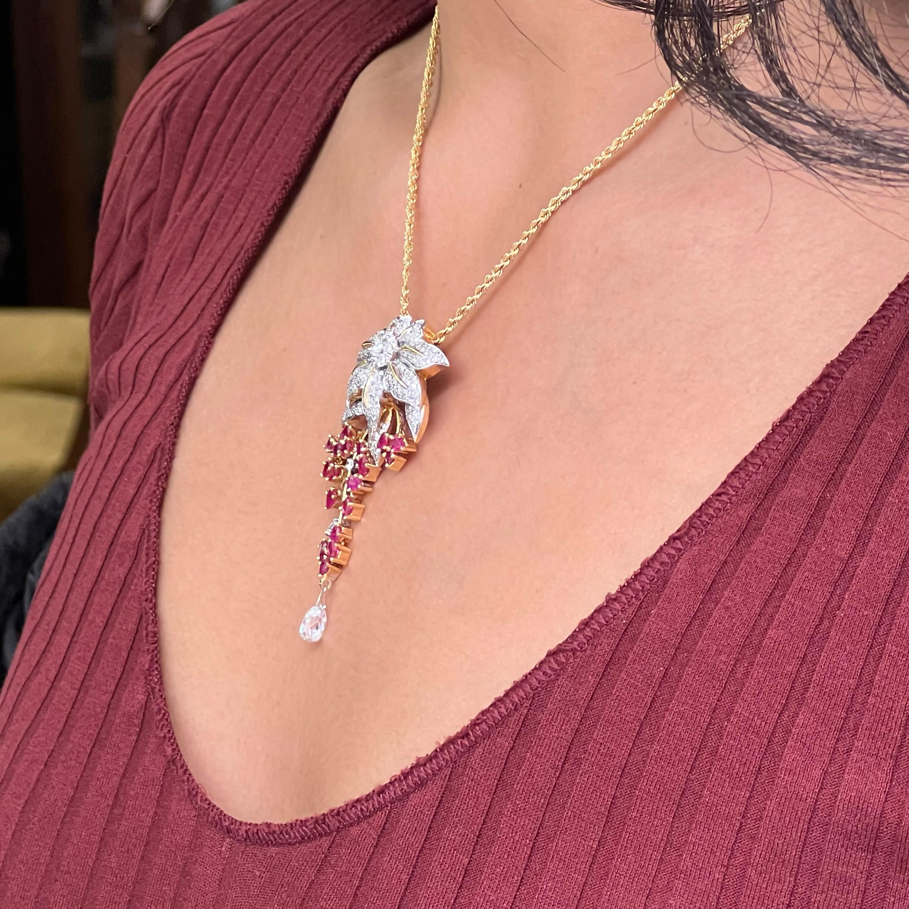 3.43ct Diamond and Ruby 18 Carat White & Yellow Gold Cascade Floral Pendant In Excellent Condition For Sale In London, GB