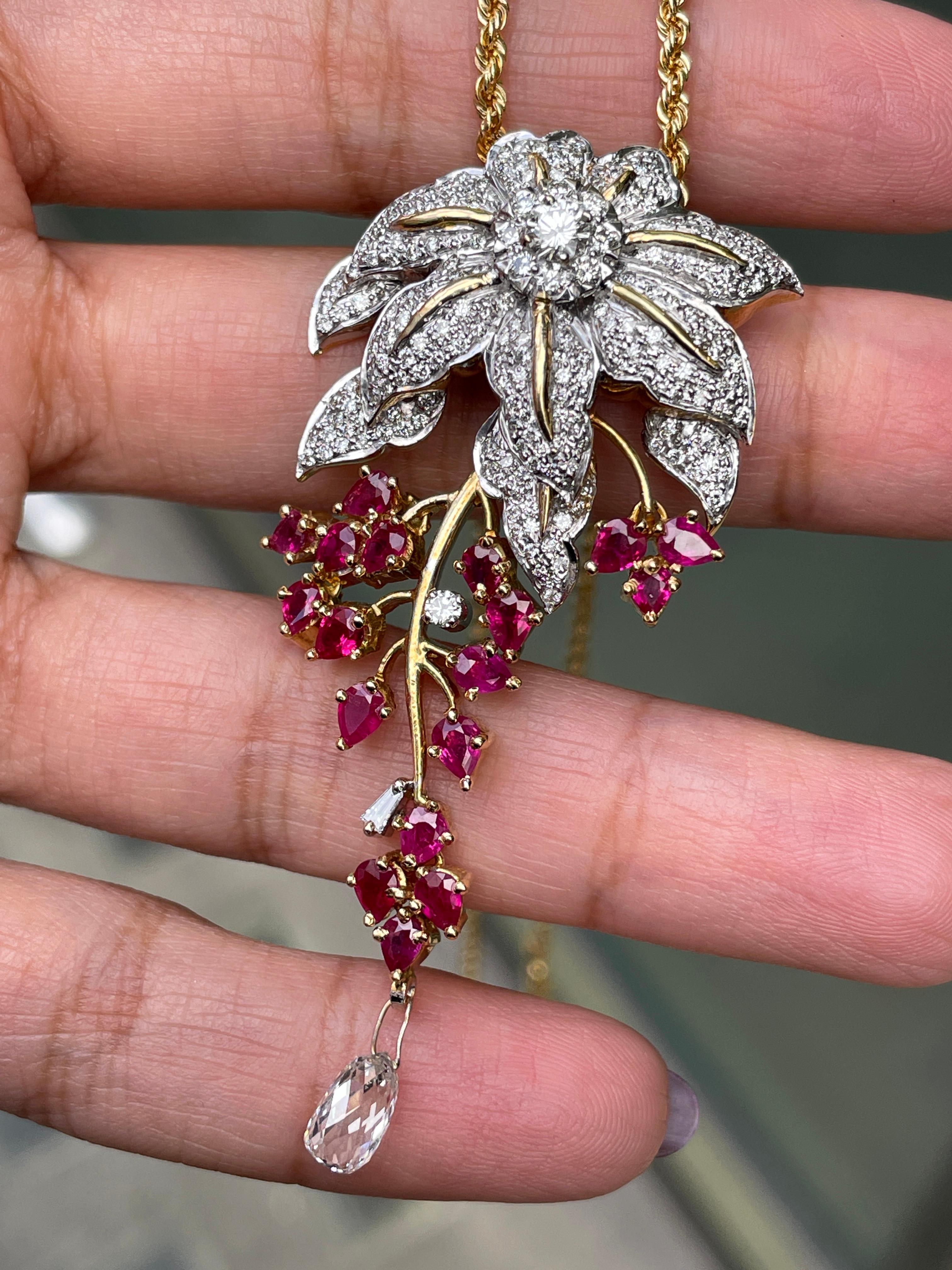 Women's 3.43ct Diamond and Ruby 18 Carat White & Yellow Gold Cascade Floral Pendant For Sale