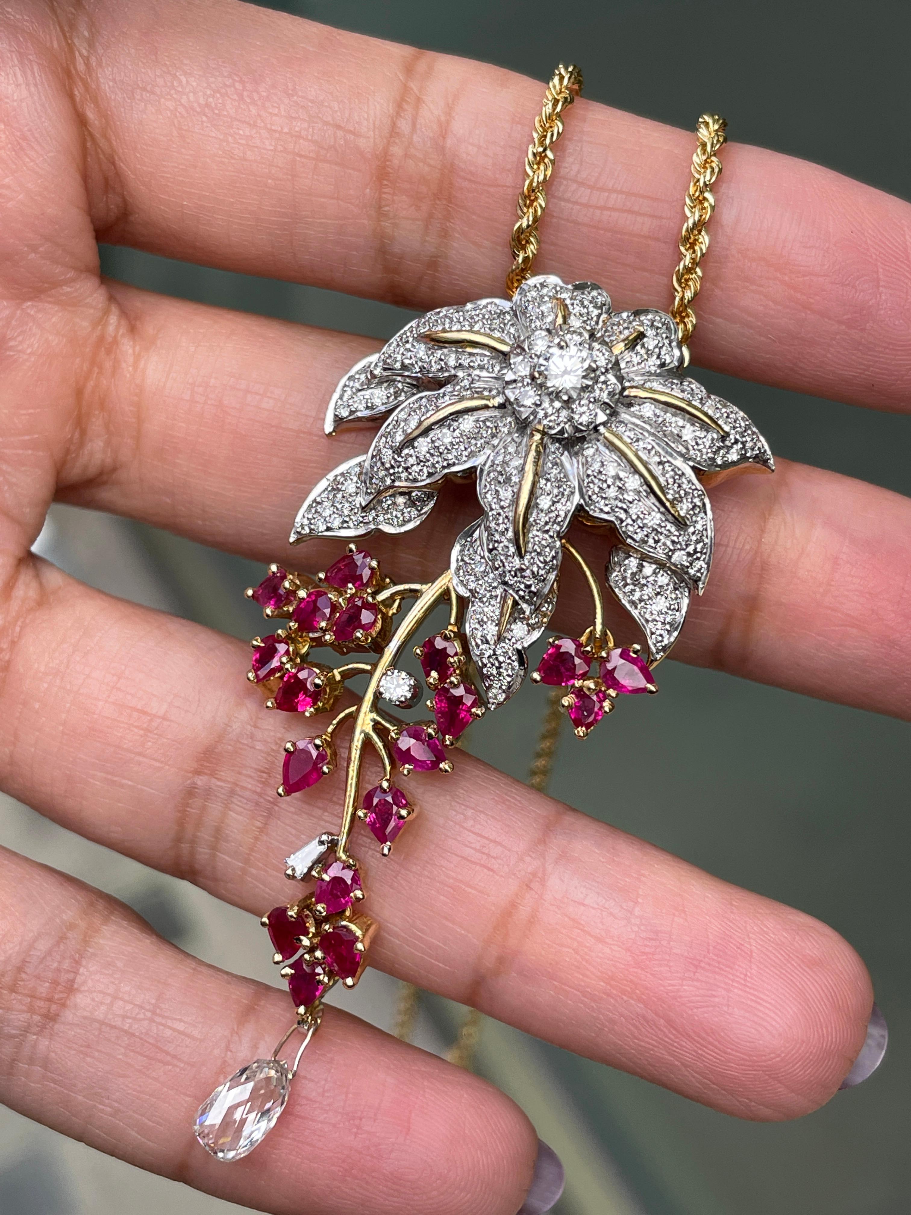 3.43ct Diamond and Ruby 18 Carat White & Yellow Gold Cascade Floral Pendant For Sale 1