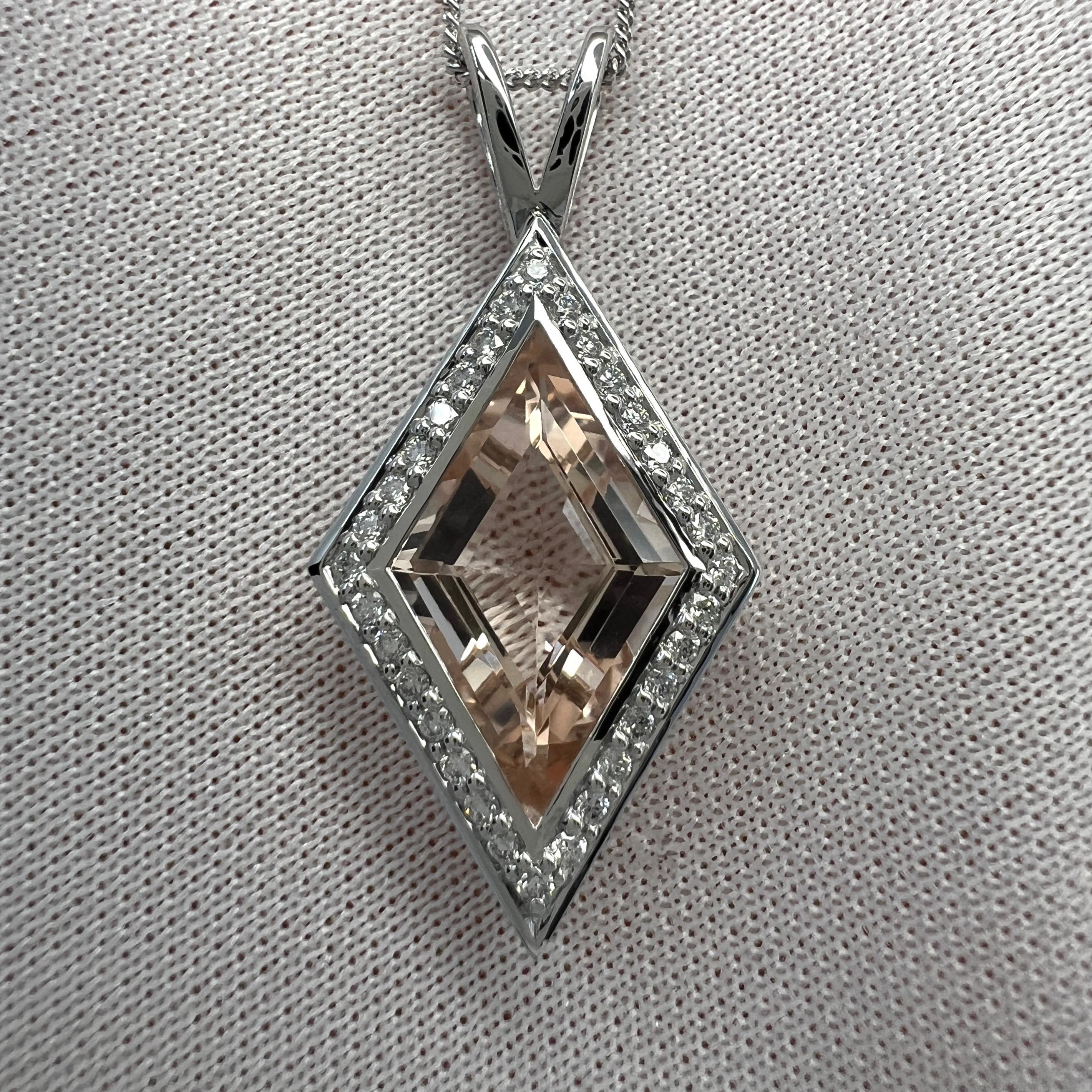 3.43ct Fancy Kite Cut Morganite & Diamond 18k White Gold Halo Pendant Necklace For Sale 6