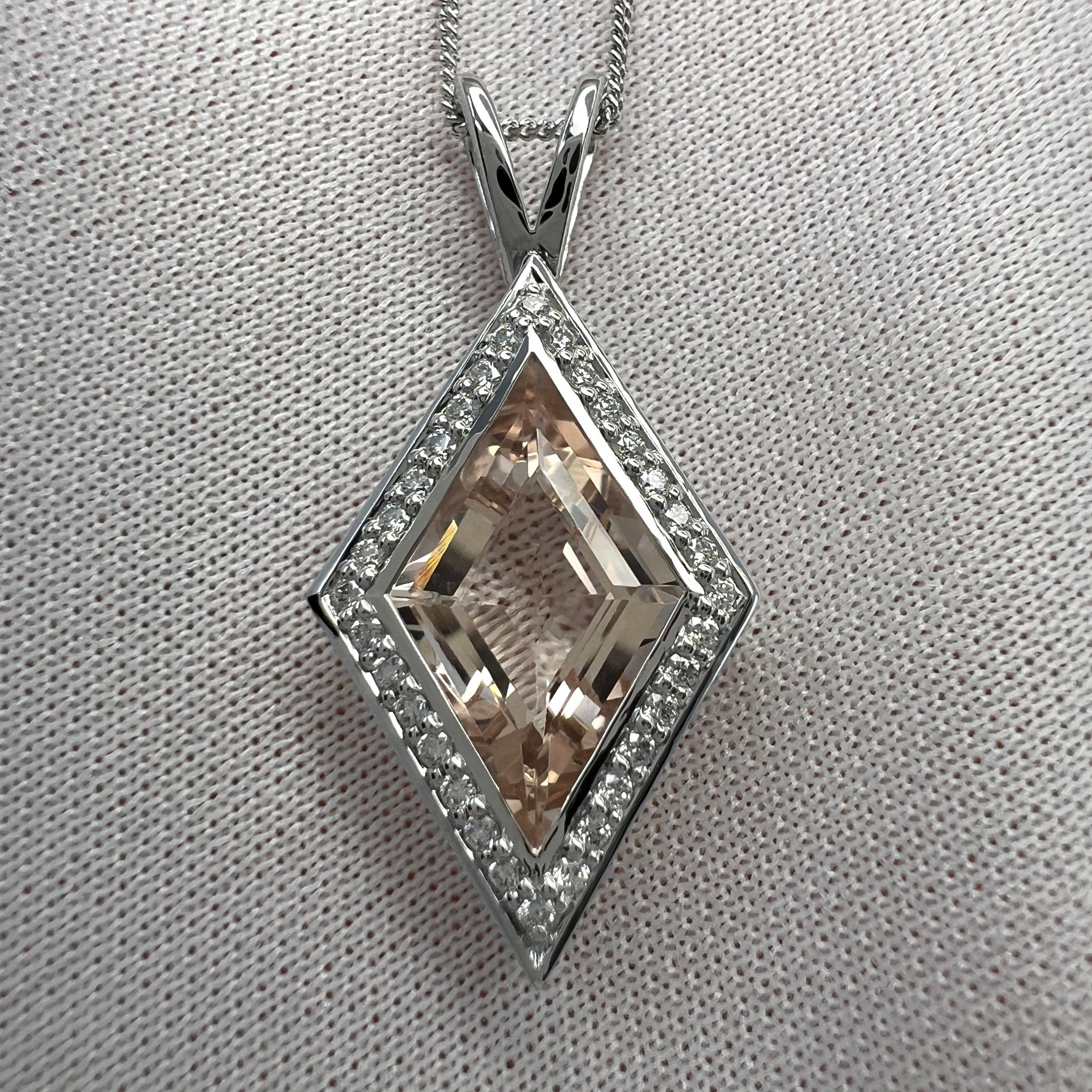 3.43ct Fancy Kite Cut Morganite & Diamond 18k White Gold Halo Pendant Necklace For Sale 7