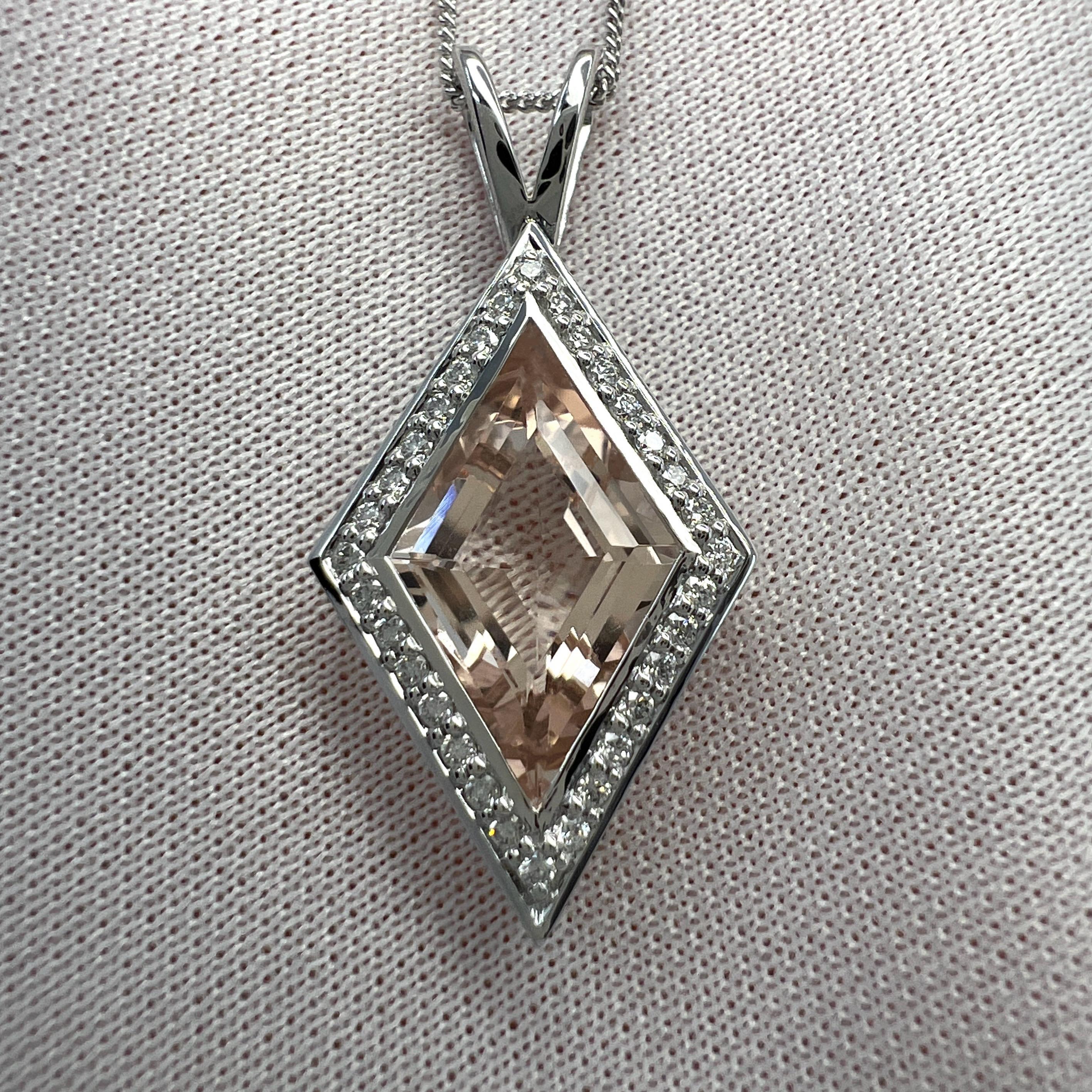 3.43ct Fancy Kite Cut Morganite & Diamond 18k White Gold Halo Pendant Necklace For Sale 8