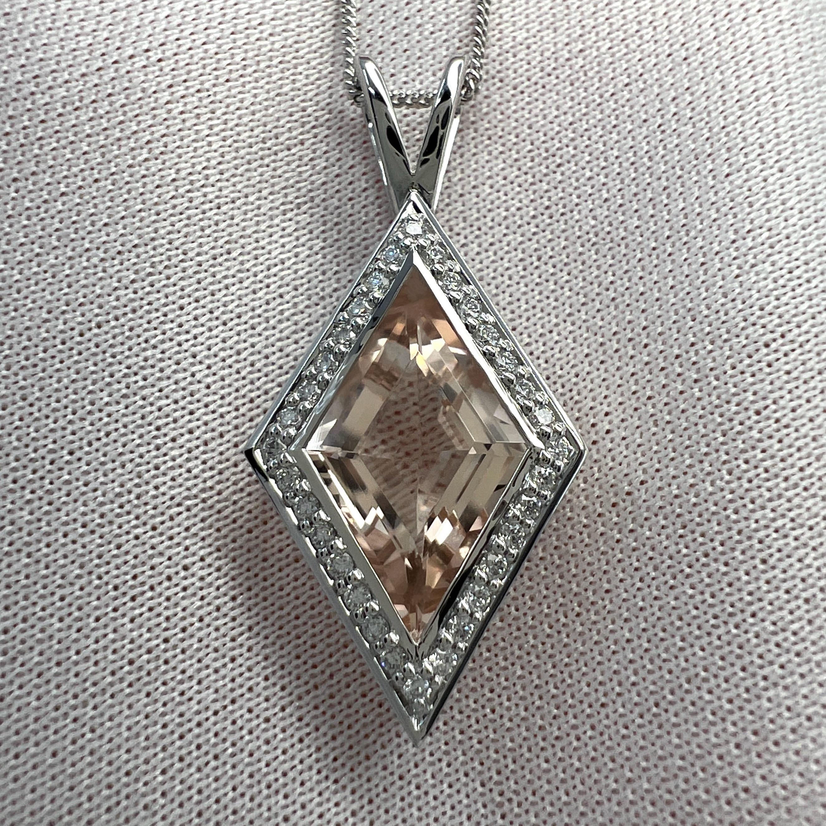 Women's or Men's 3.43ct Fancy Kite Cut Morganite & Diamond 18k White Gold Halo Pendant Necklace For Sale