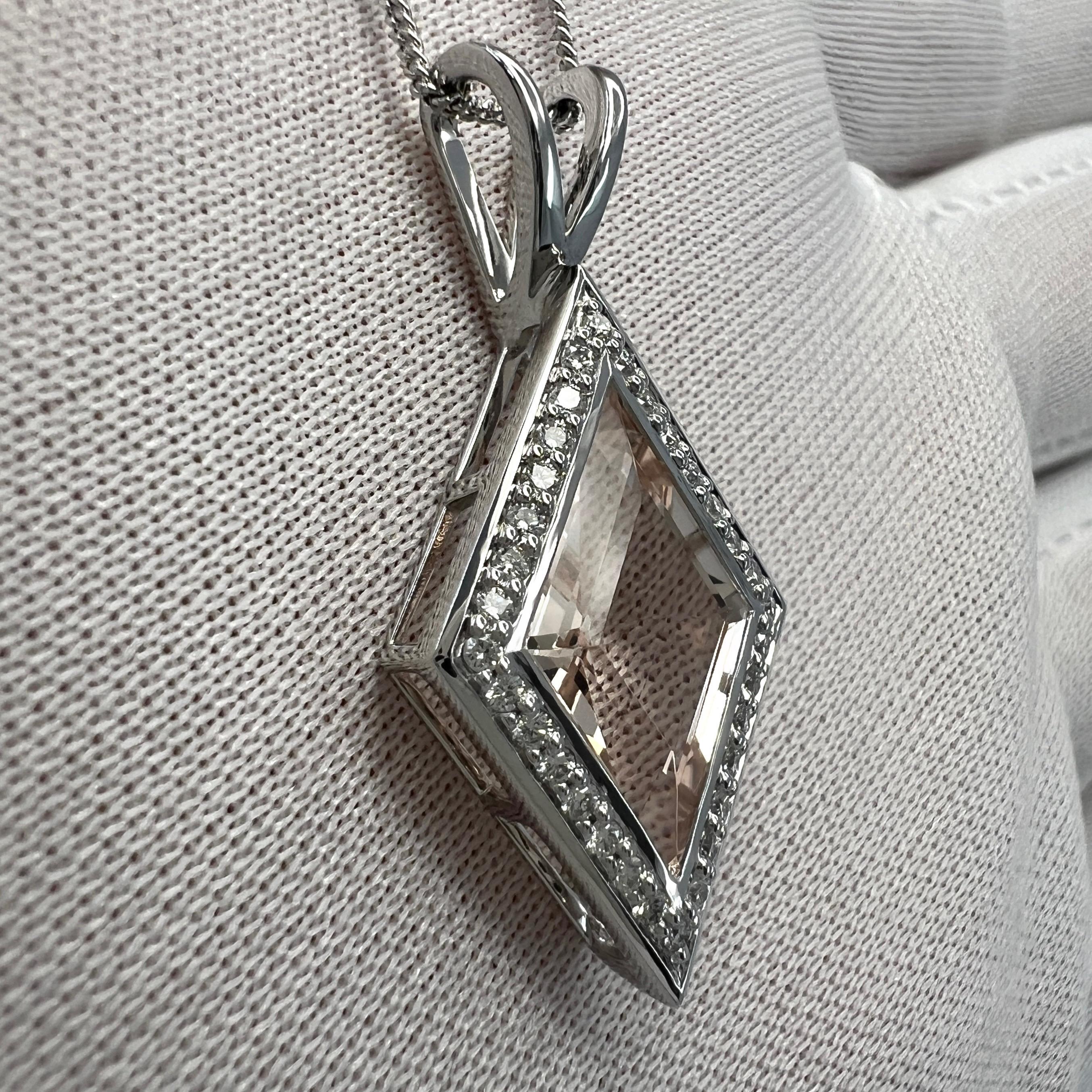 3.43ct Fancy Kite Cut Morganite & Diamond 18k White Gold Halo Pendant Necklace For Sale 1