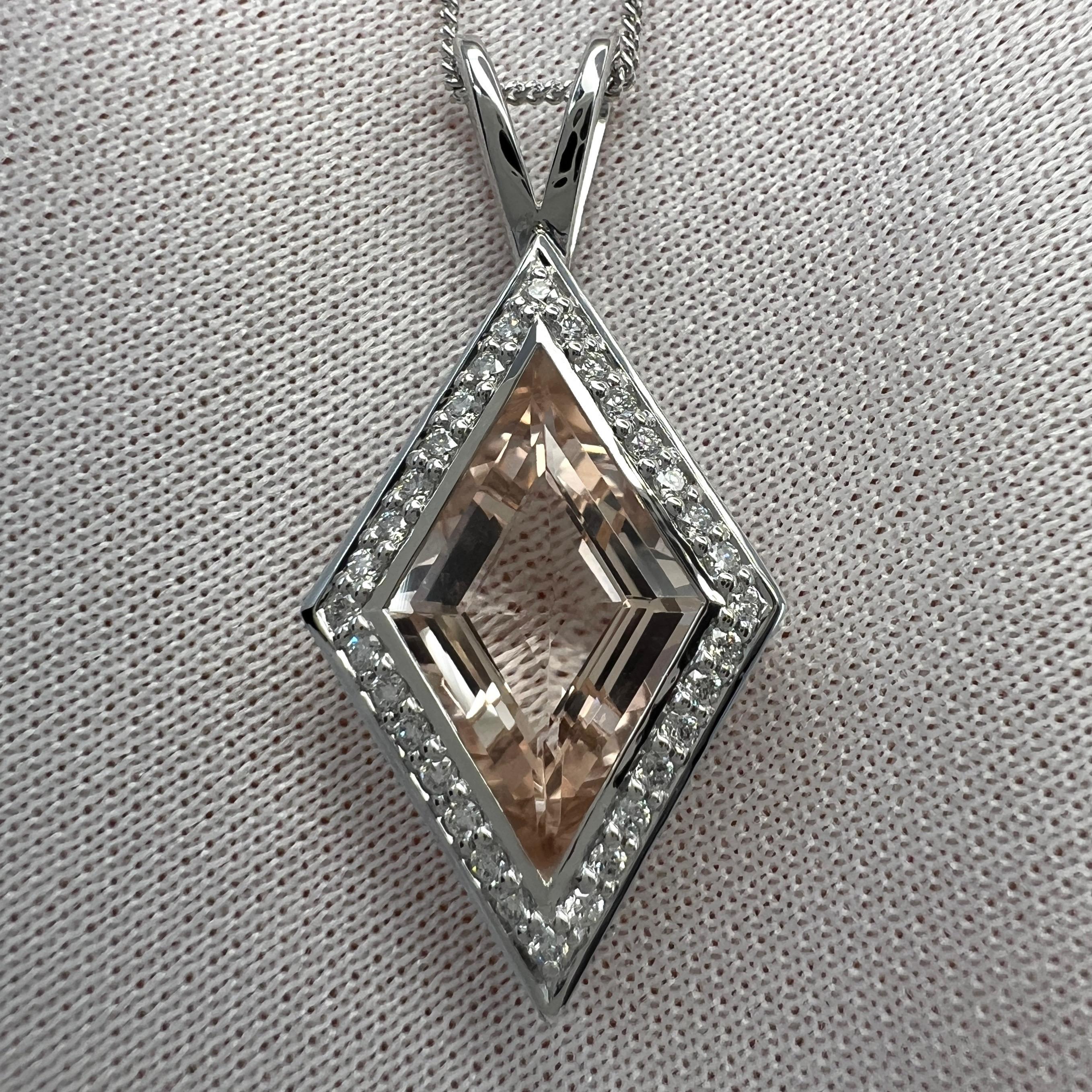 3.43ct Fancy Kite Cut Morganite & Diamond 18k White Gold Halo Pendant Necklace For Sale 2