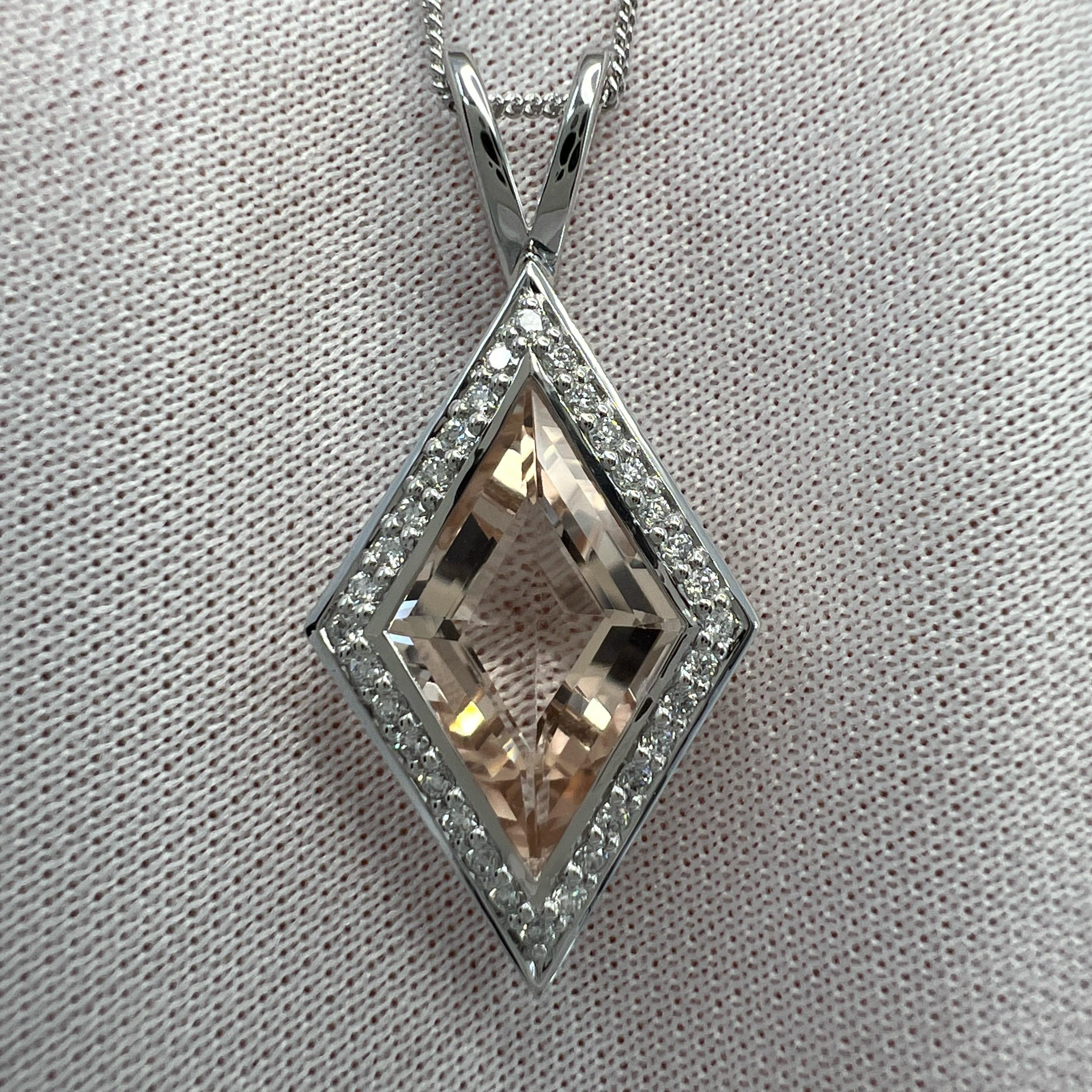 3.43ct Fancy Kite Cut Morganite & Diamond 18k White Gold Halo Pendant Necklace For Sale 3