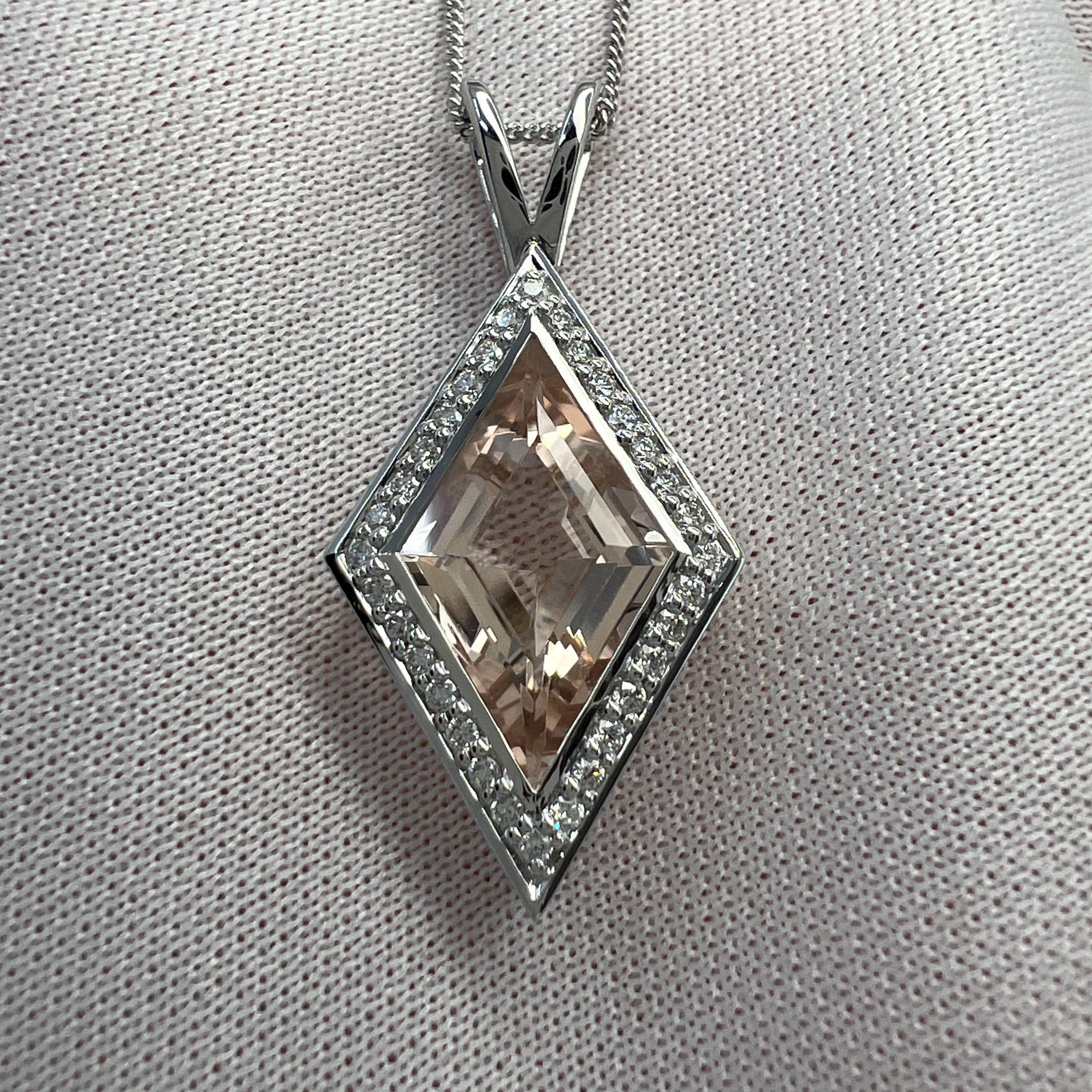 3.43ct Fancy Kite Cut Morganite & Diamond 18k White Gold Halo Pendant Necklace For Sale 4