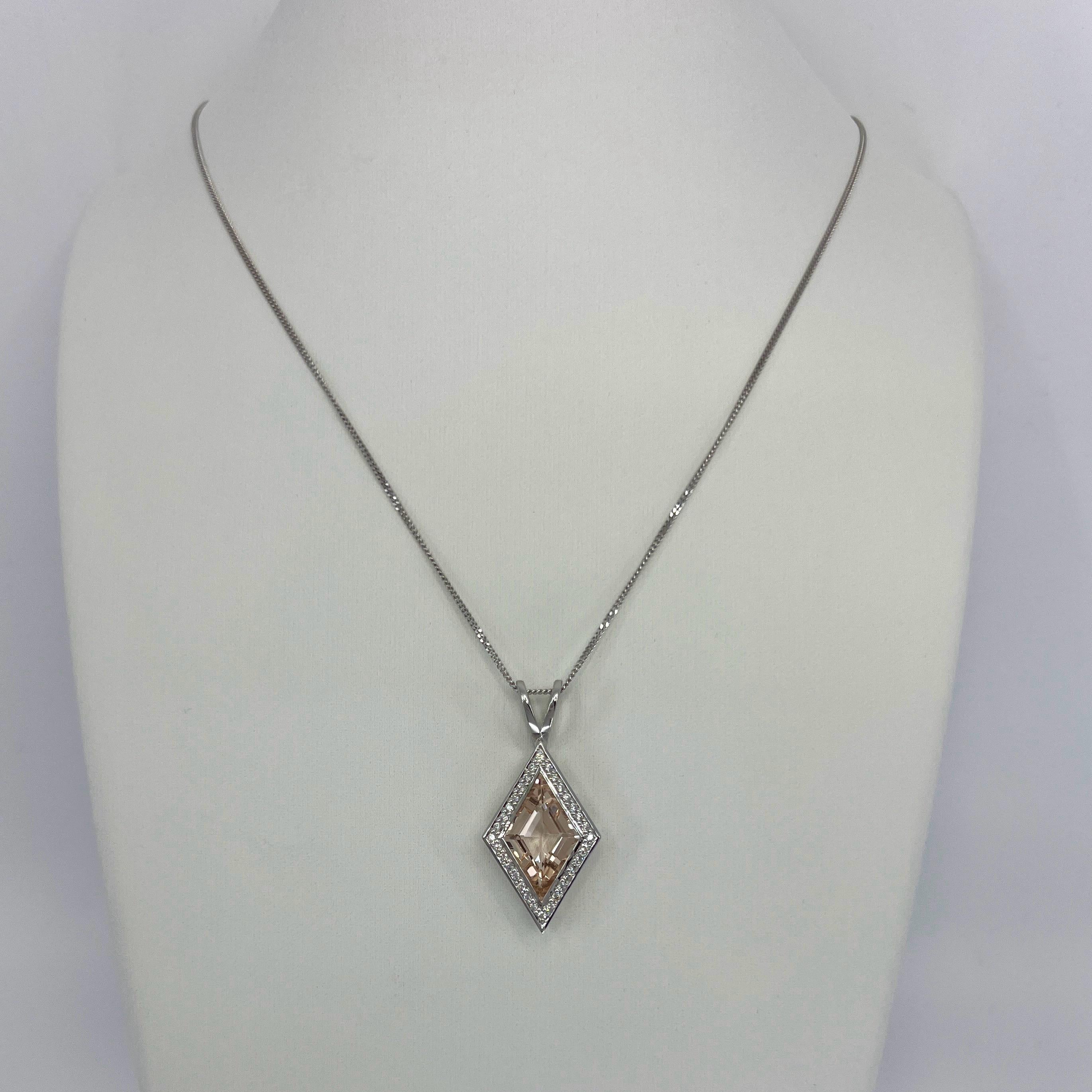 3.43ct Fancy Kite Cut Morganite & Diamond 18k White Gold Halo Pendant Necklace For Sale 5