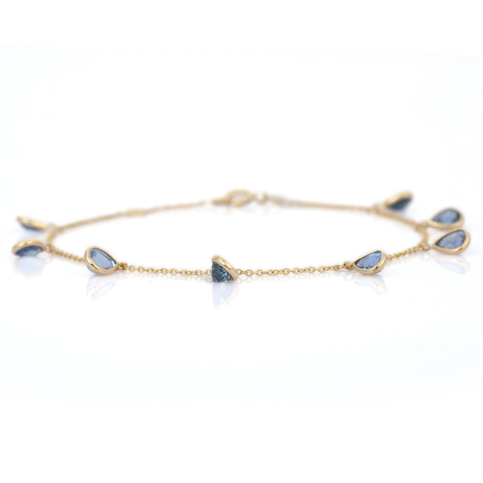 3.44 Carat Blue Sapphire Chain Bracelet in 18K Yellow Gold In New Condition For Sale In Houston, TX