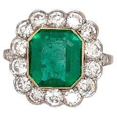 3.44 Carat Emerald and Diamond Platinum Ring Estate Fine Jewelry