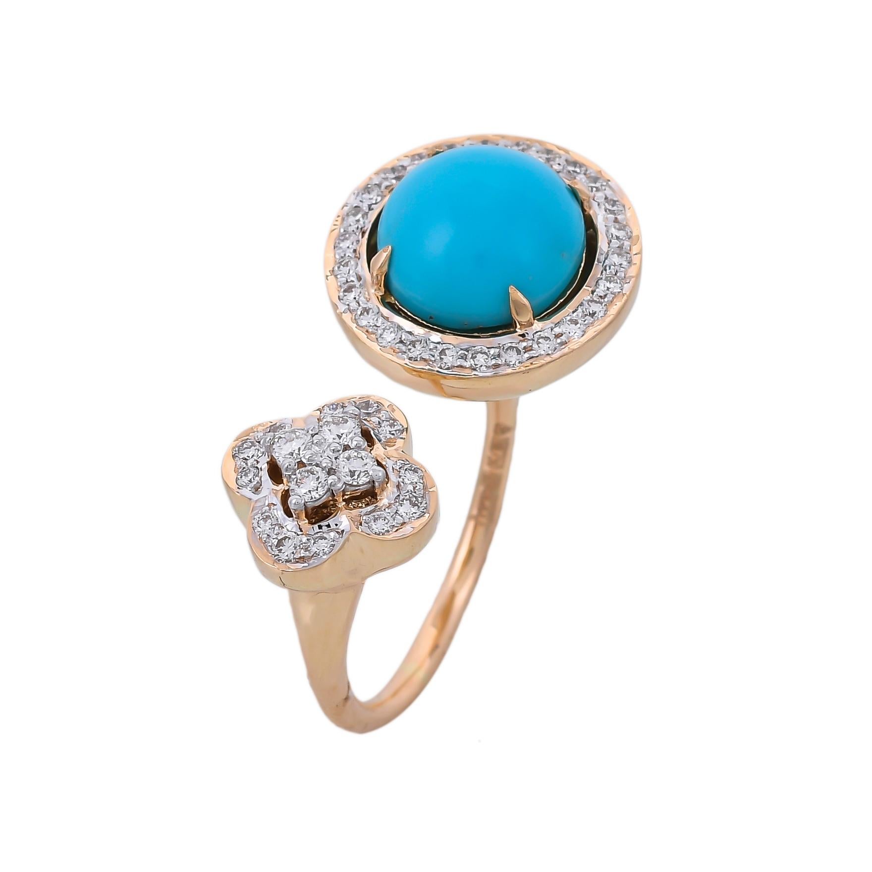 Modern 3.44 Carat Round Turquoise Pave Set Diamond 18kt Yellow Gold Open Band Ring For Sale