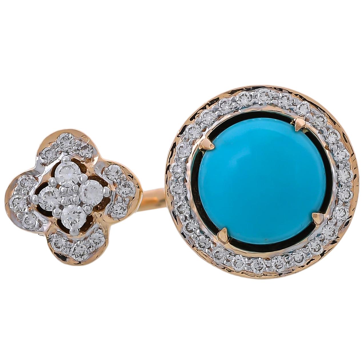 3.44 Carat Round Turquoise Pave Set Diamond 18kt Yellow Gold Open Band Ring For Sale