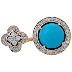turquoise pave ring 3.44 Carat Round Turquoise Pave Set Diamond 18kt Yellow Gold Open Band Ring