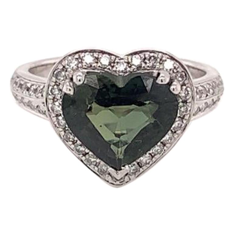 3.44 Carat Heart-Shaped Green Sapphire and Diamond Ring in Platinum For Sale