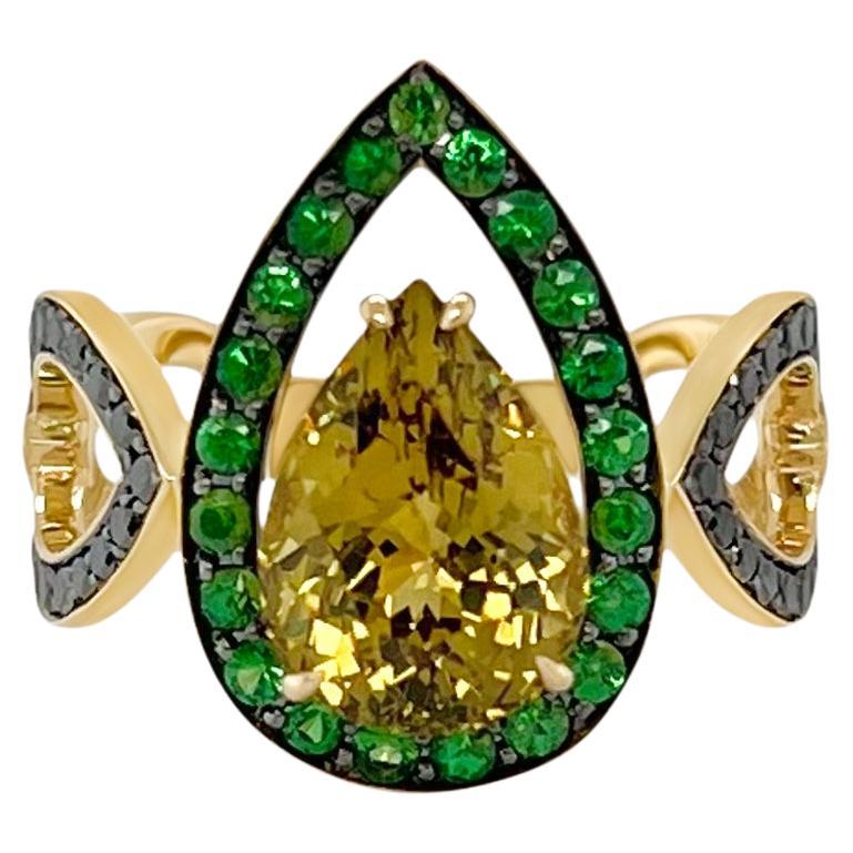 3.44 Carat Mali Garnet Ring with Tsavorite and Black Diamonds in 18k Yellow Gold For Sale