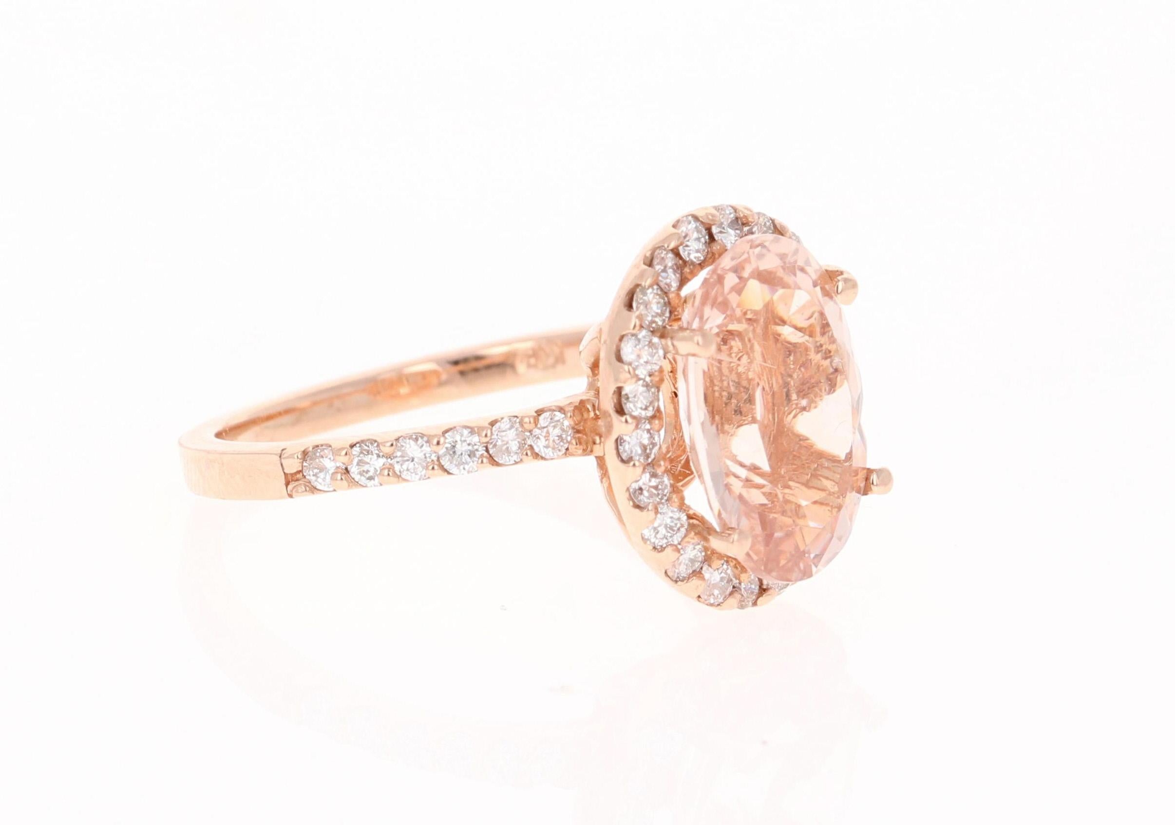 Gorgeous and Classy  Morganite Diamond Ring! 

This Morganite ring has a beautiful 2.92 Carat Oval Cut Morganite and is surrounded by a simple halo of  32 Round Cut Diamonds that weigh 0.52 Carats.  The diamonds have a clarity and color of SI-F. The