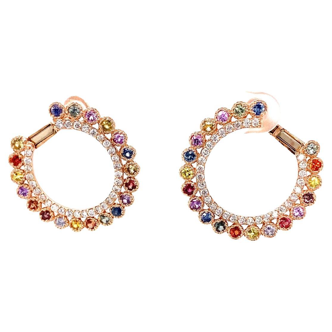 3.44 Carat Multi-Color Sapphire Diamond Rose Gold Earrings
Beautiful and Unique Earrings 

Item Specs:

40 Multi-Colored Natural Sapphires is2.55 carats
64 Round Cut Natural Diamonds is 0.89 carats
Clarity: SI2, Color: F
Total Carat Weight is 3.44