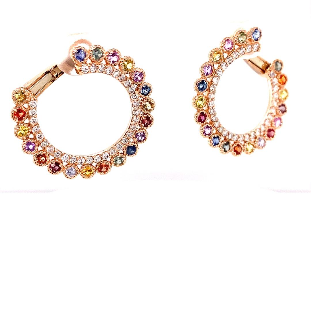 Round Cut 3.44 Carat Multi-Color Sapphire Diamond Rose Gold Earrings