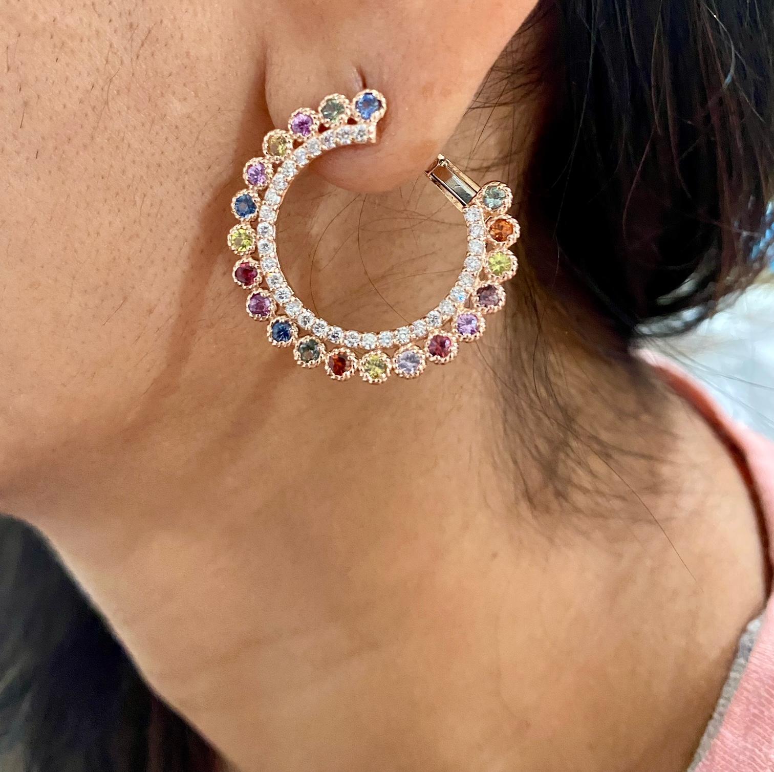 3.44 Carat Multi-Color Sapphire Diamond Rose Gold Earrings 2