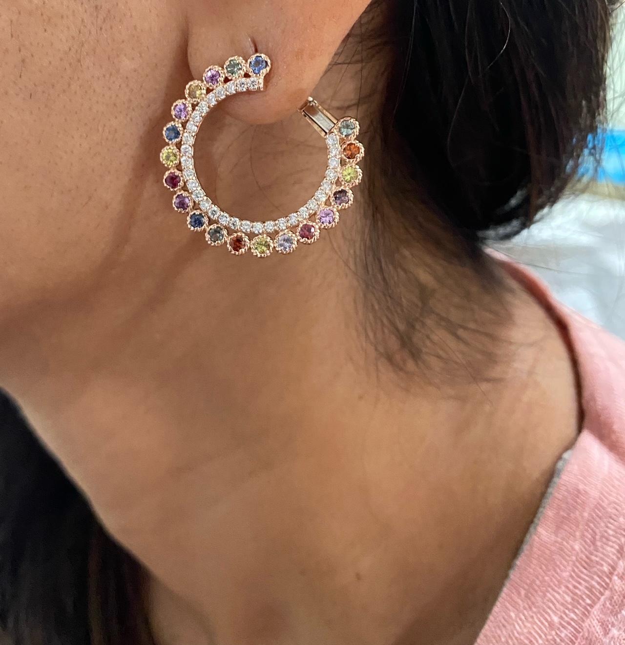 3.44 Carat Multi-Color Sapphire Diamond Rose Gold Earrings 3