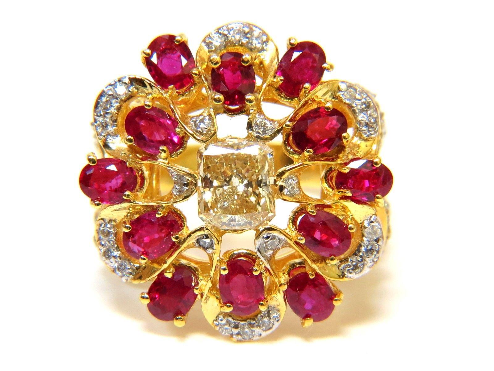 Radiant Cut 3.44 Carat Natural Fancy Yellow Brown Diamond Ruby Cocktail Cluster Ring