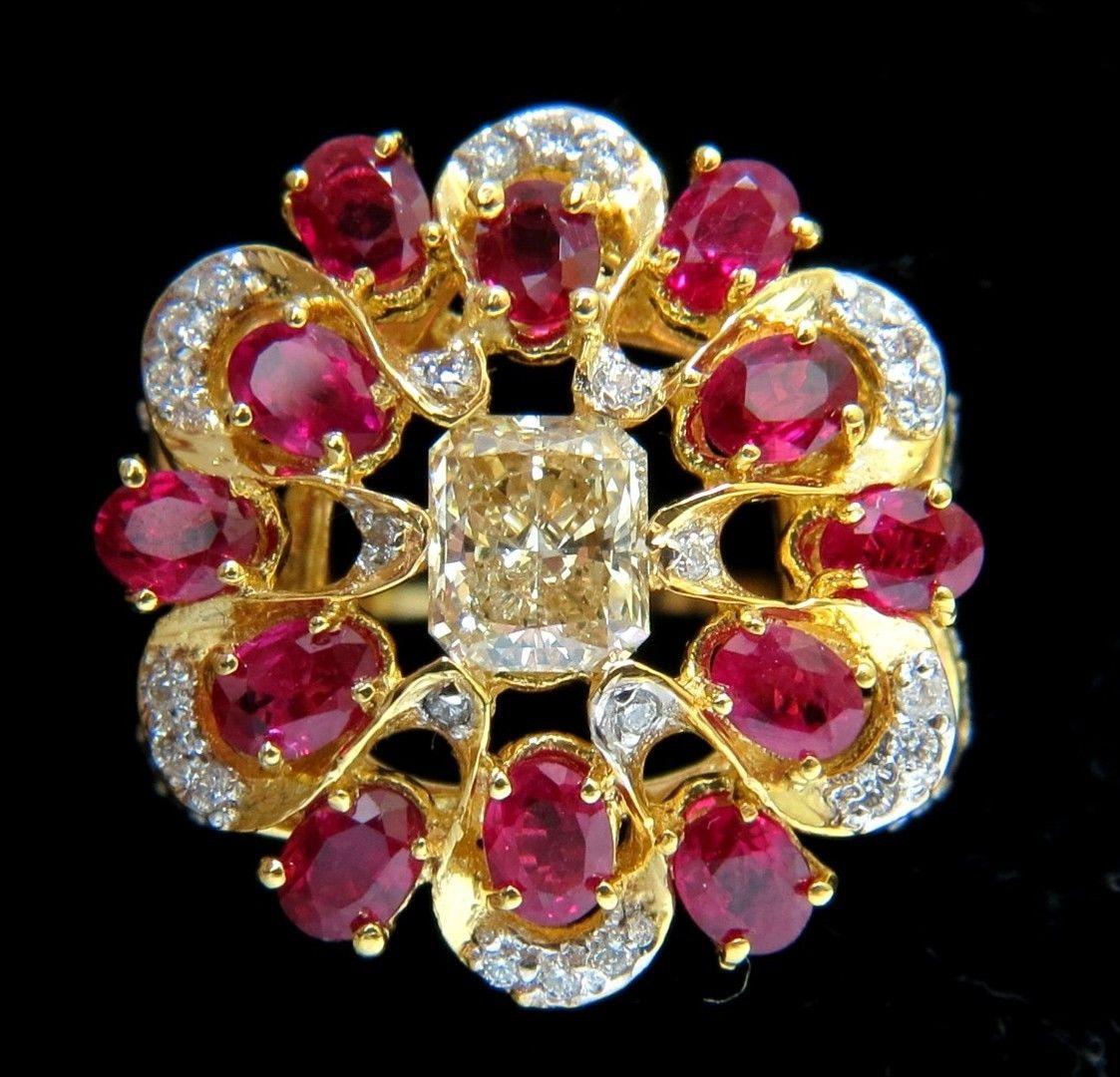 3.44 Carat Natural Fancy Yellow Brown Diamond Ruby Cocktail Cluster Ring 1
