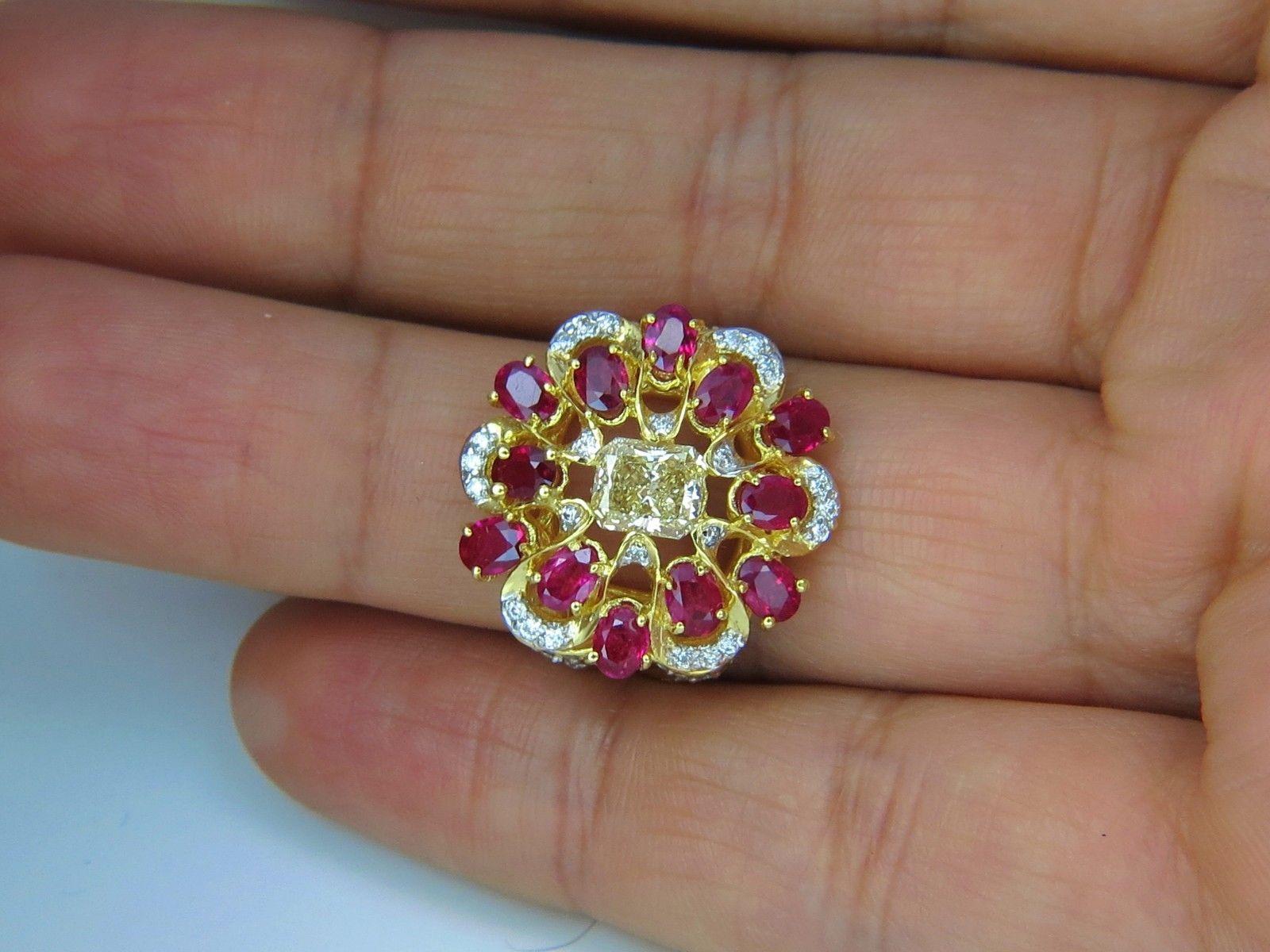 3.44 Carat Natural Fancy Yellow Brown Diamond Ruby Cocktail Cluster Ring 2