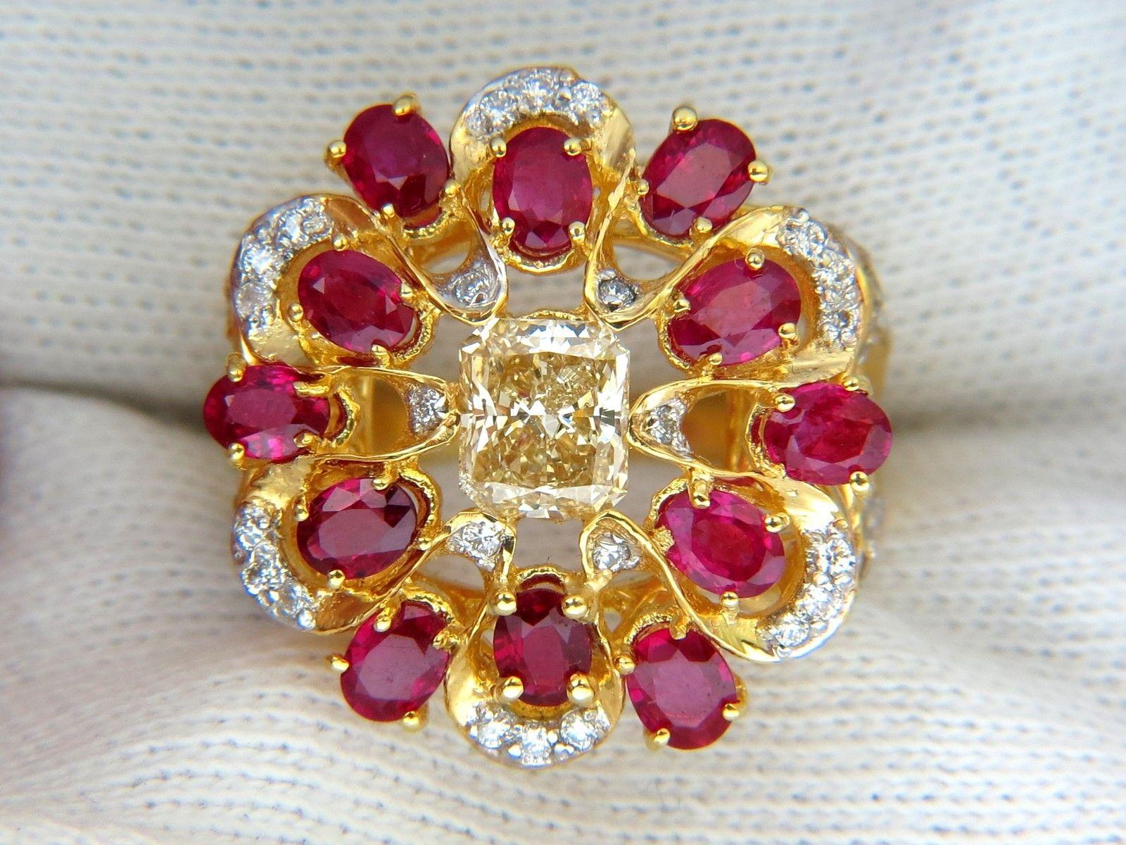 3.44 Carat Natural Fancy Yellow Brown Diamond Ruby Cocktail Cluster Ring 3