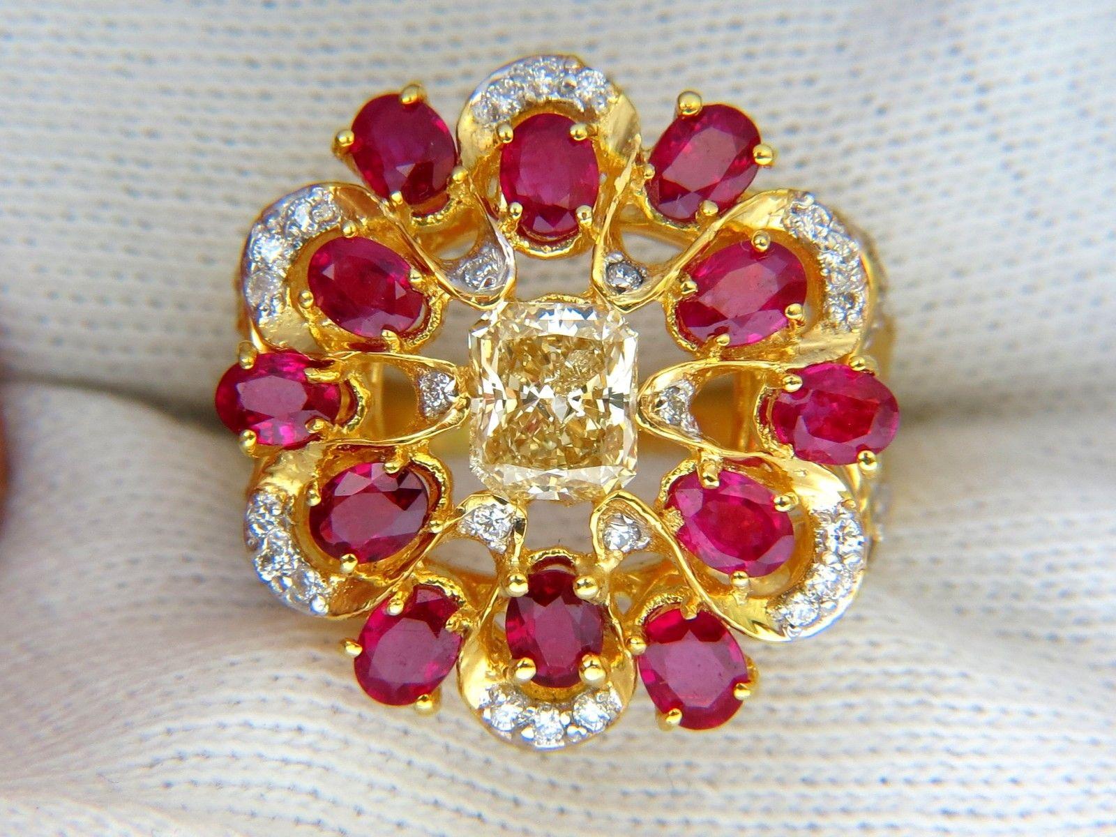 3.44 Carat Natural Fancy Yellow Brown Diamond Ruby Cocktail Cluster Ring 4