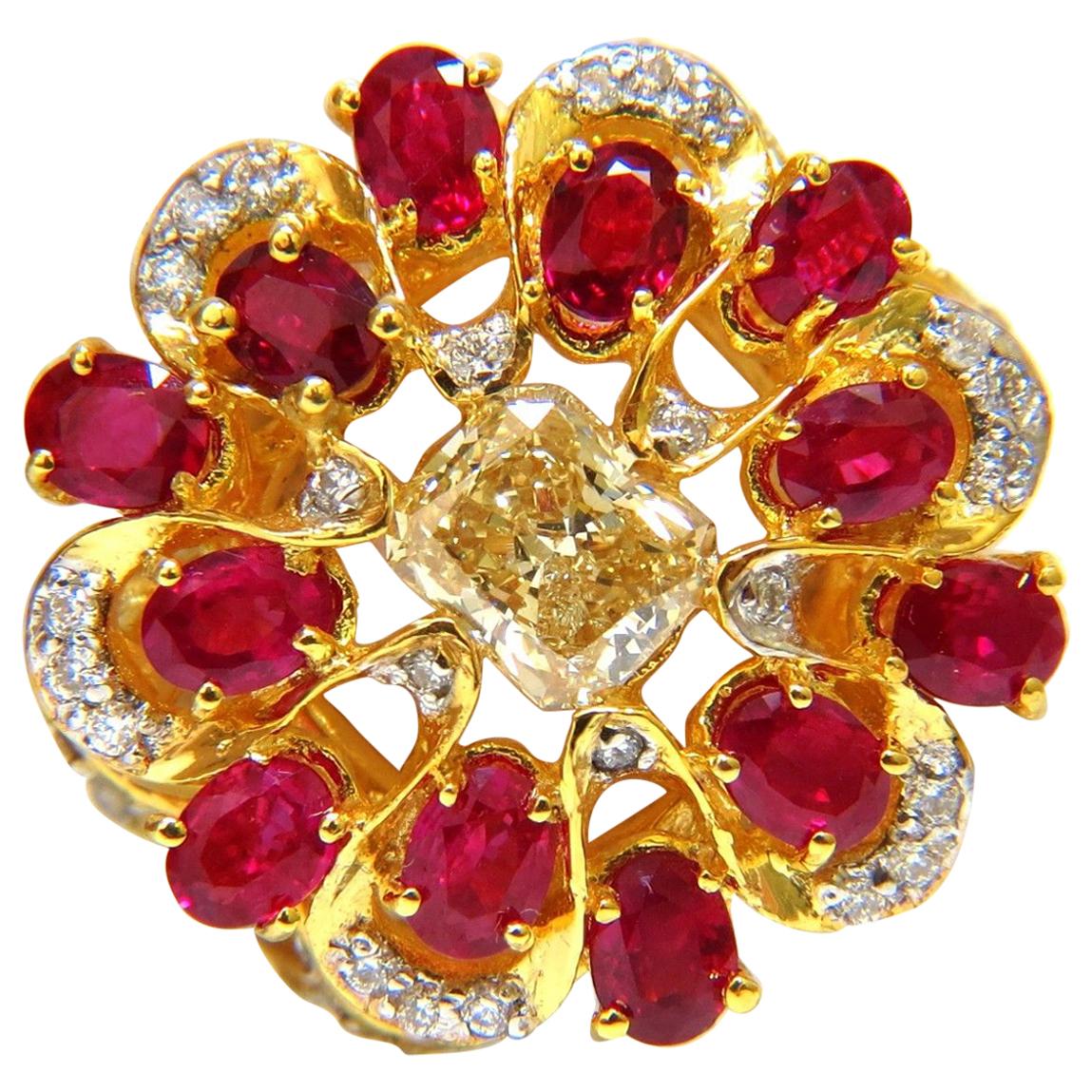 3.44 Carat Natural Fancy Yellow Brown Diamond Ruby Cocktail Cluster Ring
