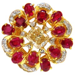 3.44 Carat Natural Fancy Yellow Brown Diamond Ruby Cocktail Cluster Ring