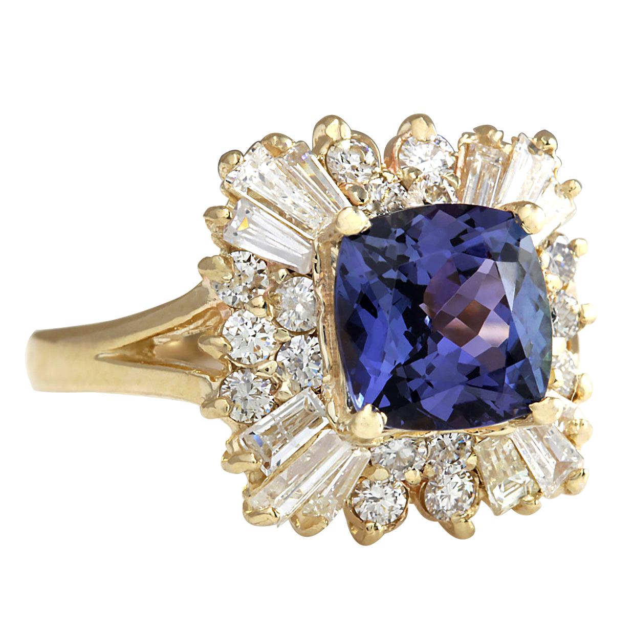 3.44 Carat Natural Tanzanite 14 Karat Yellow Gold Diamond Ring
Stamped: 14K Yellow Gold
Total Ring Weight: 5.2 Grams
Total Natural Tanzanite Weight is 2.18 Carat (Measures: 7.50x7.50 mm)
Color: Blue
Total Natural Diamond Weight is 1.26 Carat
Color: