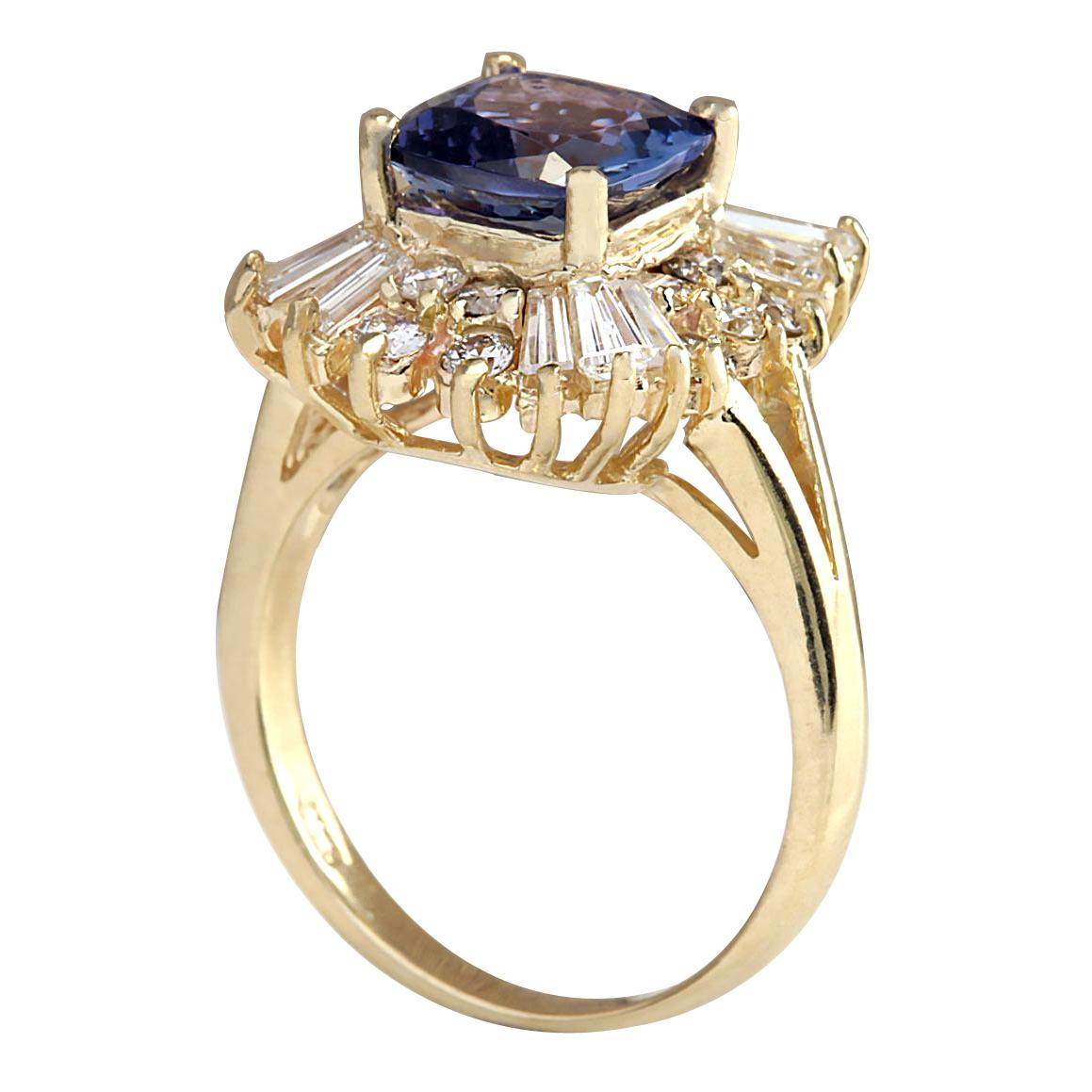 Cushion Cut Natural Tanzanite Diamond Ring In 14 Karat Yellow Gold  For Sale