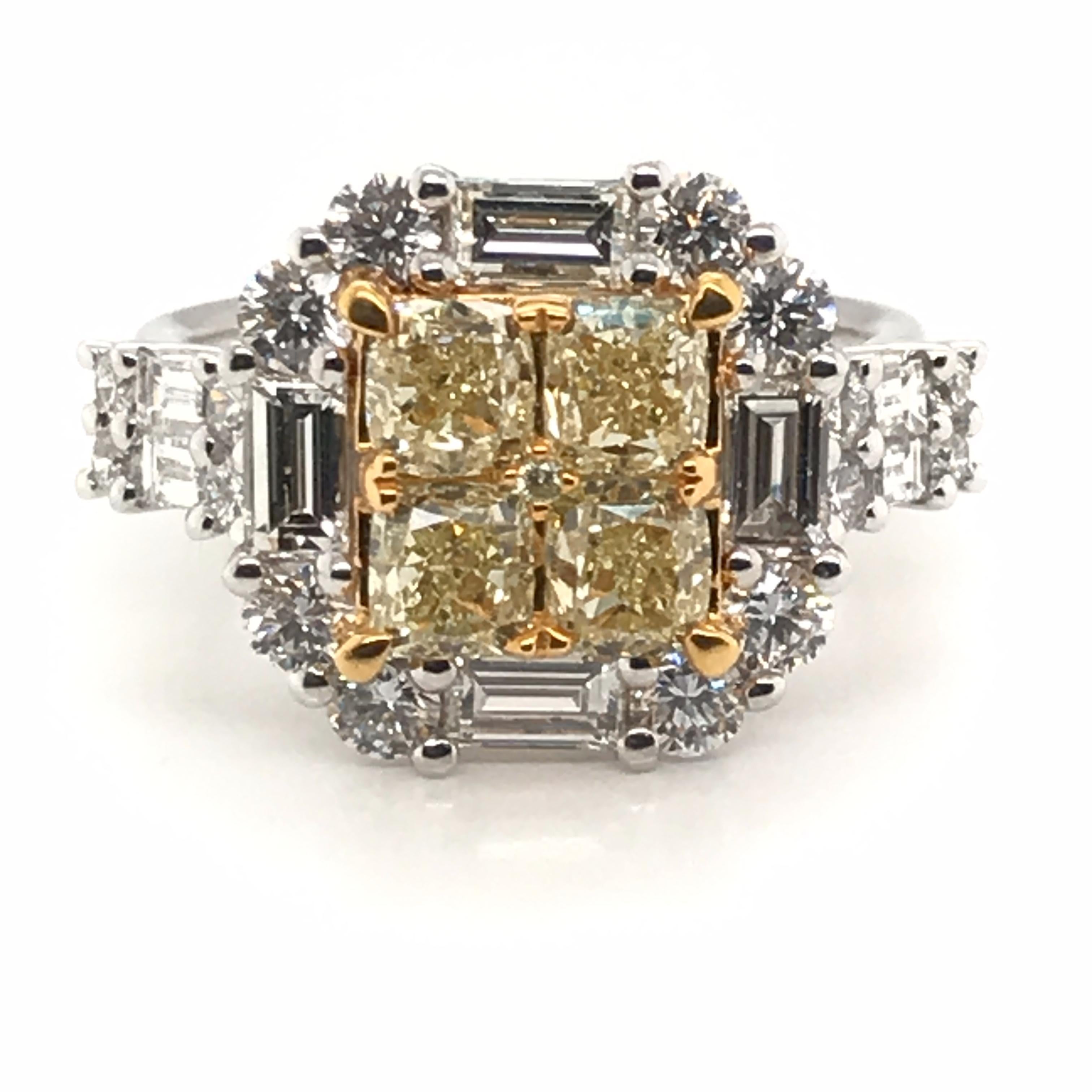 HJN Inc. Ring featuring a 3.44 Carat Natural Yellow Diamond Princess Cluster with Round Diamonds Ring.

Natural Yellow Diamond Weight: 1.73 Carats
Round-Cut Diamond Weight: 0.80 Carats
Baguette-Cut Diamond Weight: 0.91 Carats

Total Stones: