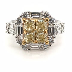 3.44 Carat Natural Yellow Diamond Princess Cluster Diamond Ring