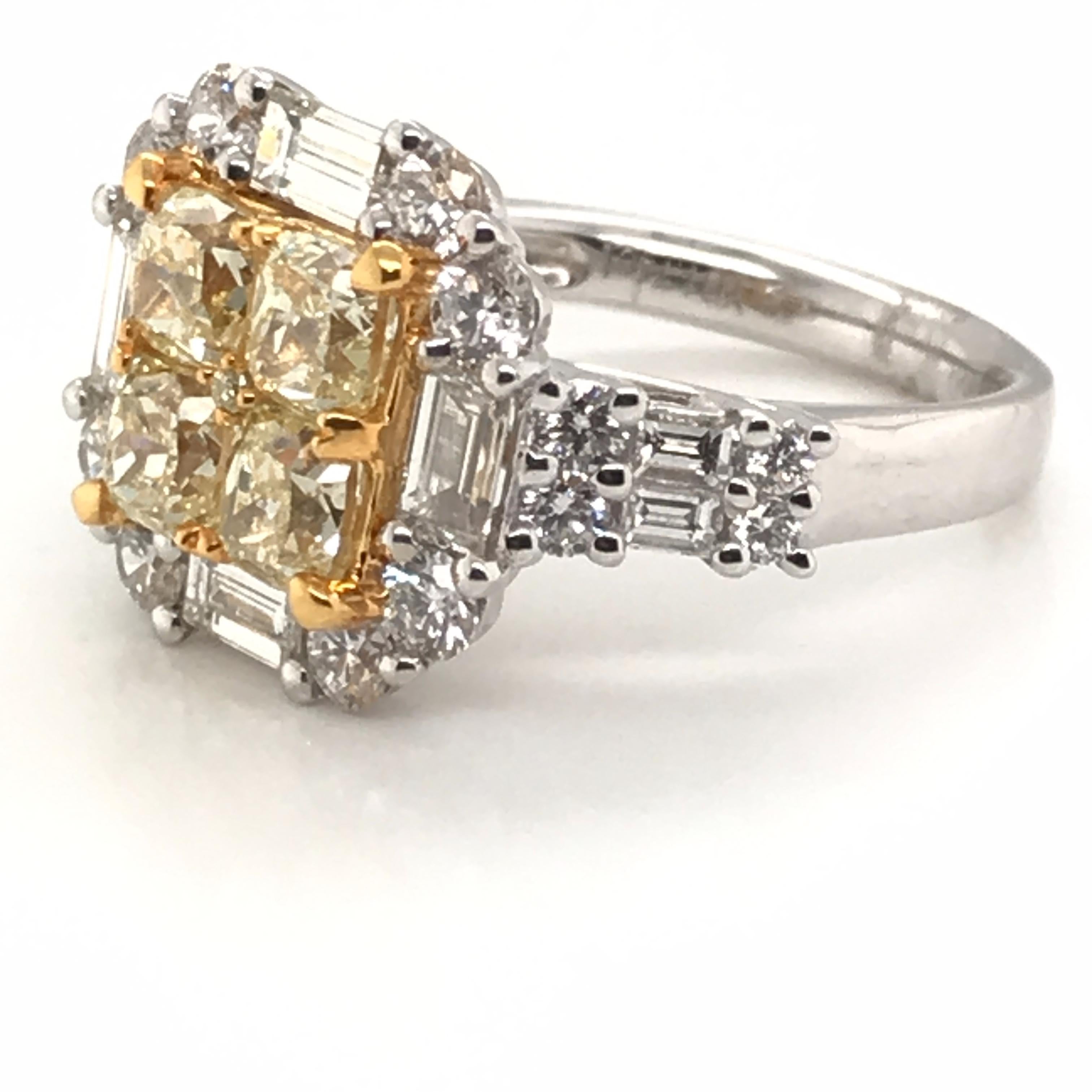 Modern 3.44 Carat Natural Yellow Diamond Princess Cluster Diamond Ring For Sale