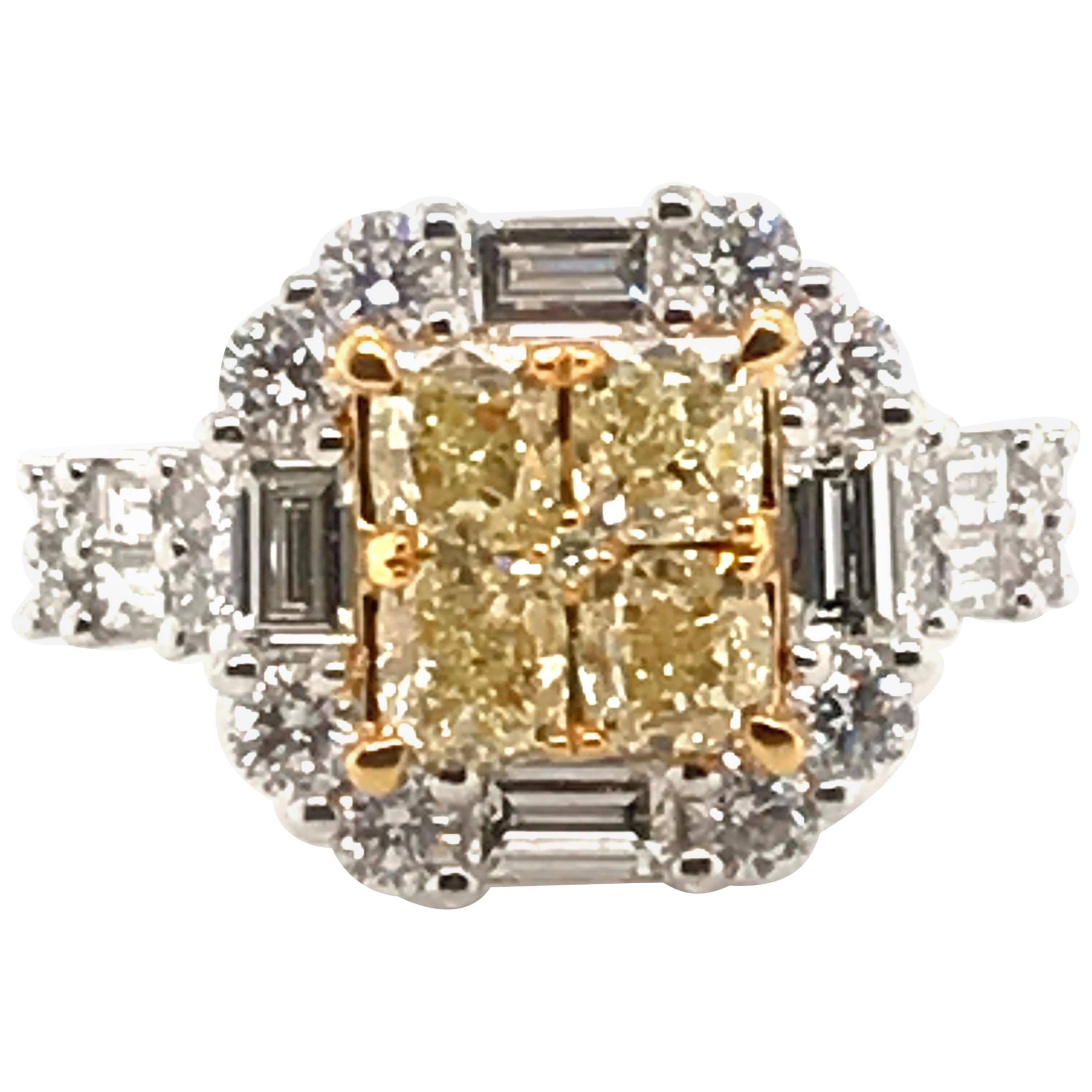 3.44 Carat Natural Yellow Diamond Princess Cluster Diamond Ring For Sale