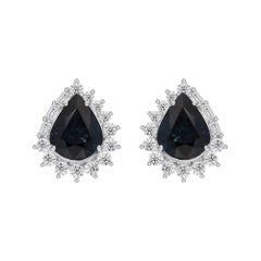 3.44 ct Natural Pear Blue Sapphire and Diamond Crown Earrings, 18K White Gold