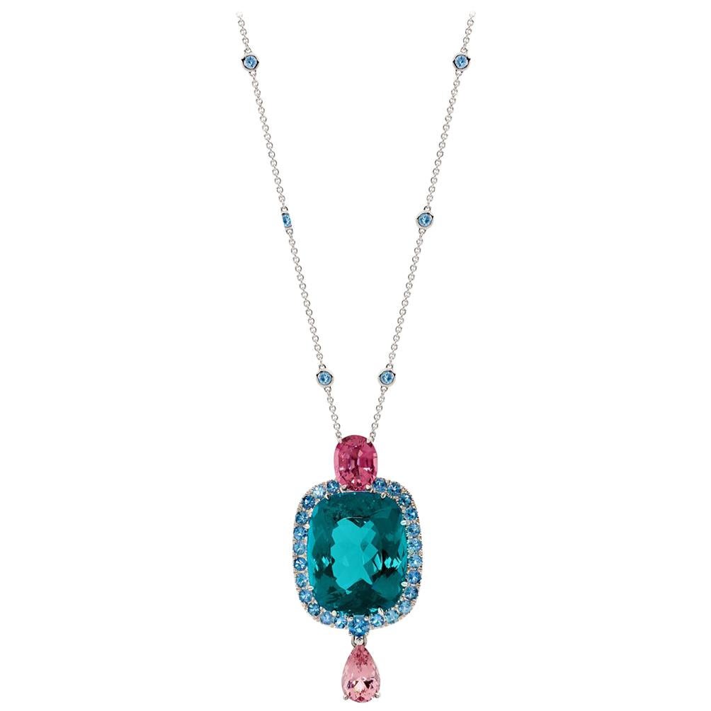 34.43 Carat Teal Apatite 1.05 Carat Morganite 2.51 Carat Pink Tourmaline Pendant For Sale