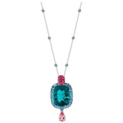 34.43 Carat Teal Apatite Pendant with Aquamarine, Morganite and Pink Tourmaline