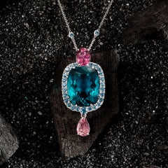 34.43 Carat Teal Apatite Pendant with Aquamarine, Morganite and Pink Tourmaline