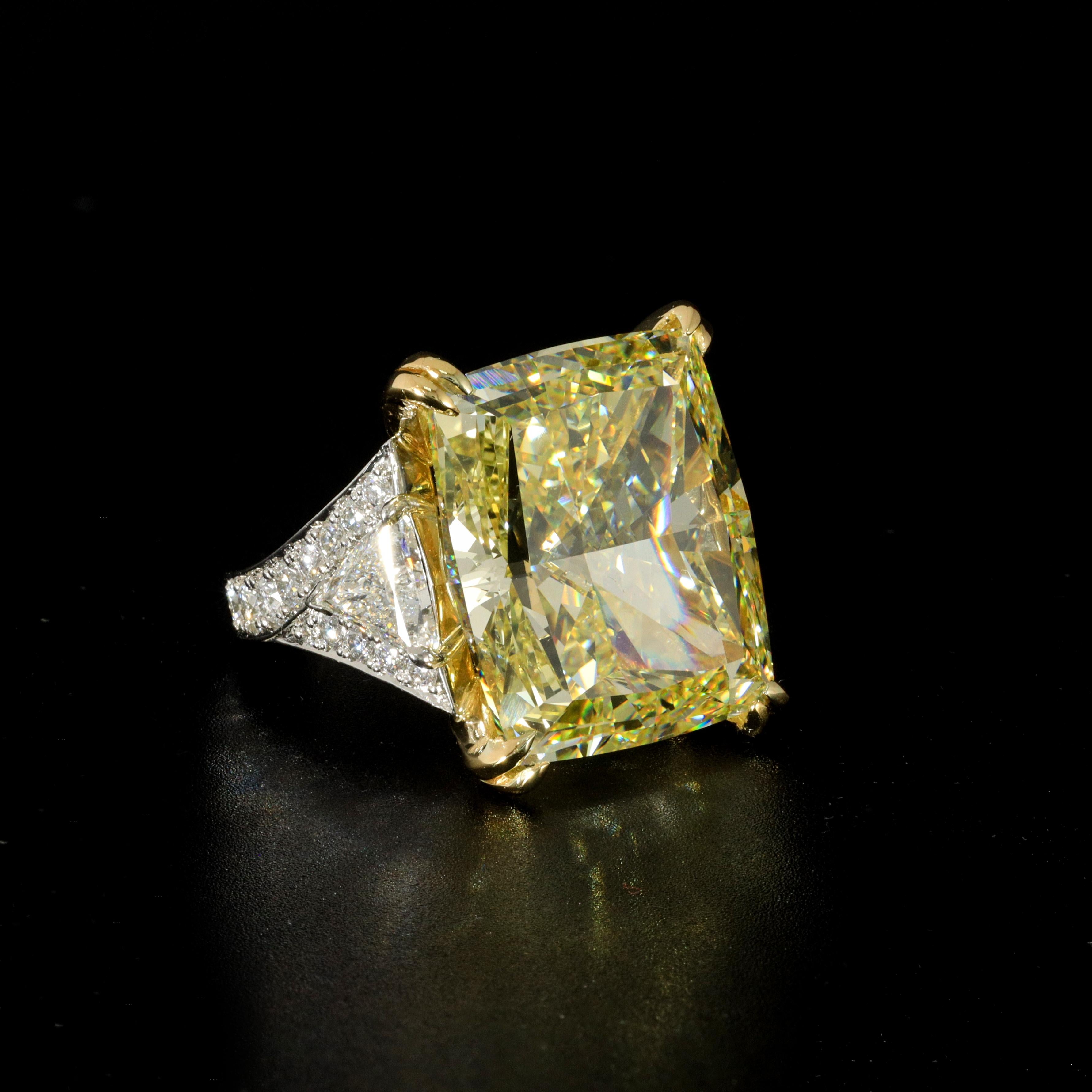 34.46 Carat Fancy Intense Yellow VS2 Radiant Cut Diamond Ring In New Condition For Sale In New York, NY