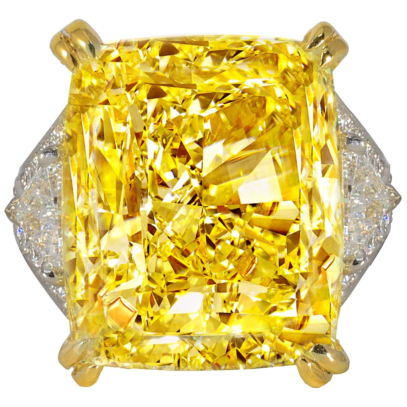 34.46 Carat Fancy Intense Yellow VS2 Radiant Cut Diamond Ring